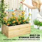 Wooden Raised Garden Bed with Trellis and Roof, Elevated Planter Box with 2 Shelves, Drainage Hole and Liner, Natural