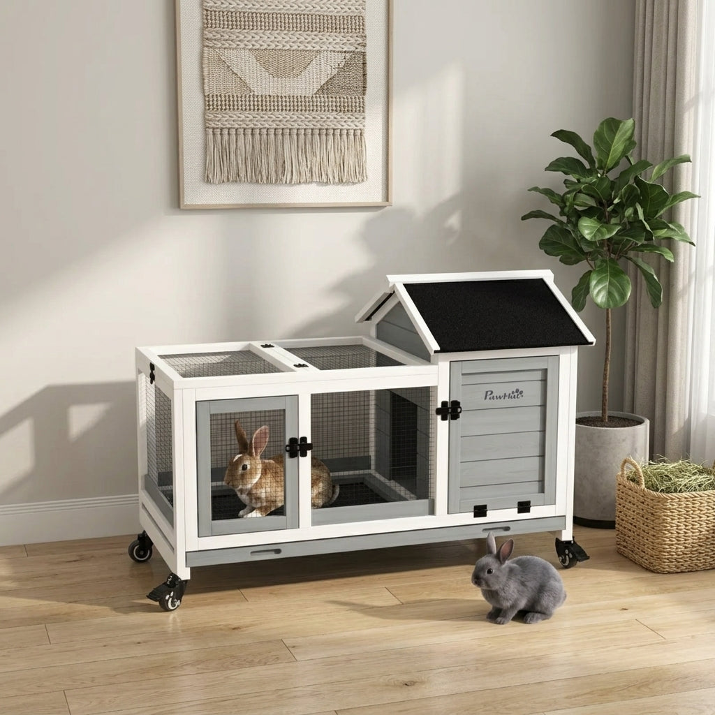 Wooden Rabbit Hutch with Wheels, Run, Slide-out Tray for Small Animals, Guinea Pig, Blue