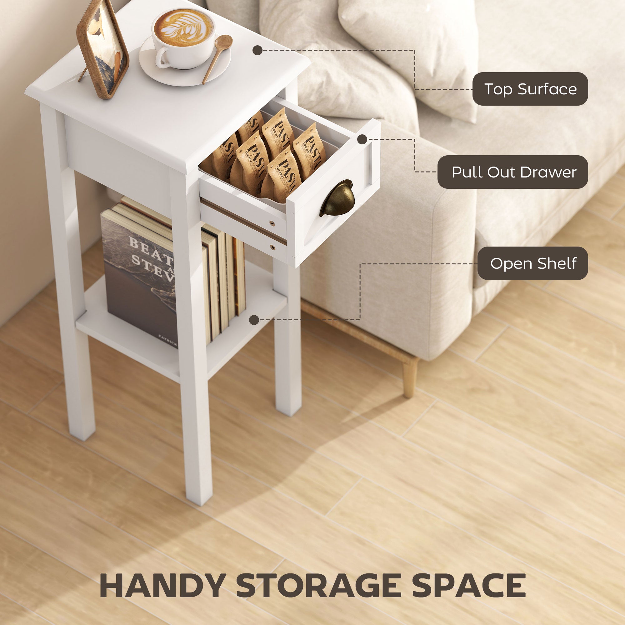 2-Tier Side Table with Drawer and Shelf, End Table for Living Room and Hallway, White