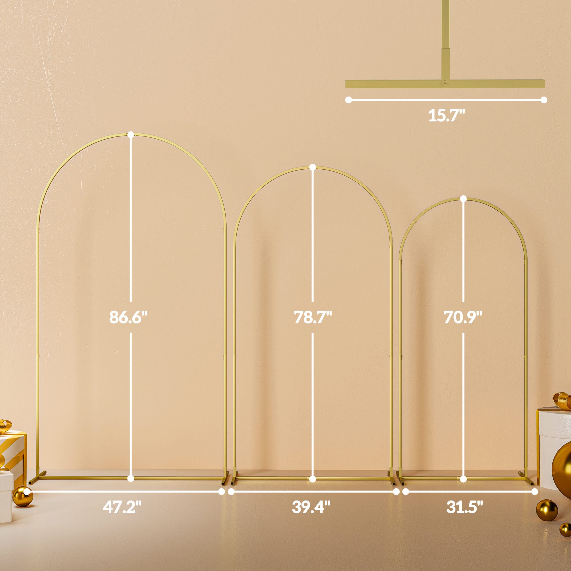 Metal Arch Backdrop Stand Set of 3, 7/6.5/6 ft Wedding Arch Frame, Balloon Backdrop Arch Stand Set for Birthday Party, Bridal Shower, Graduation, Ceremony, Banquet Decorations, Gold