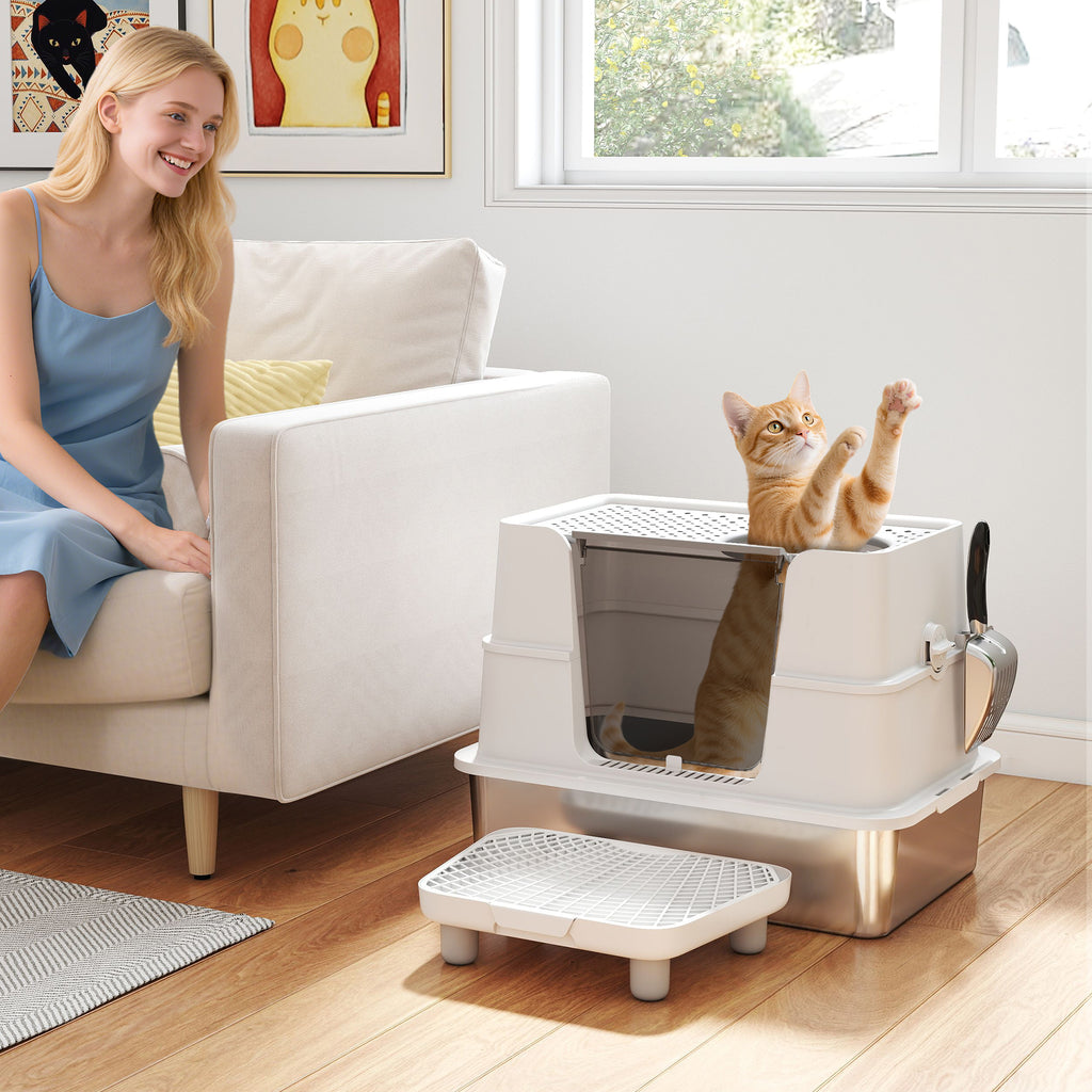 XL Stainless Steel Litter Box w/ 100° Flip Top, Scoop, Step, Top & Side Entry Enclosed Litter Box for Big Cats