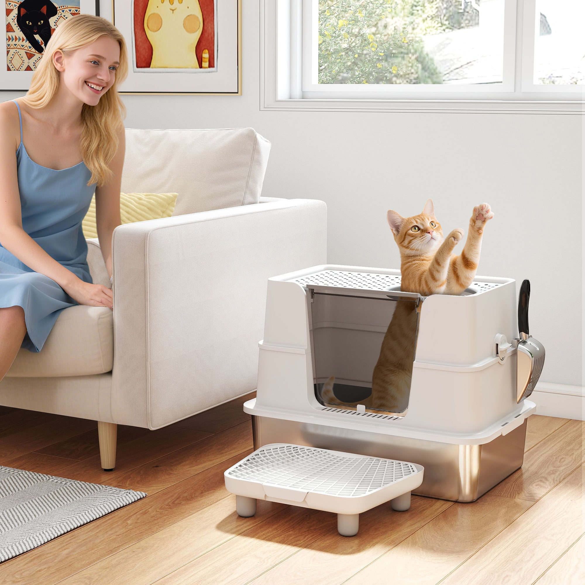 XL Stainless Steel Litter Box w/ 100° Flip Top, Scoop, Step, Top & Side Entry Enclosed Litter Box for Big Cats