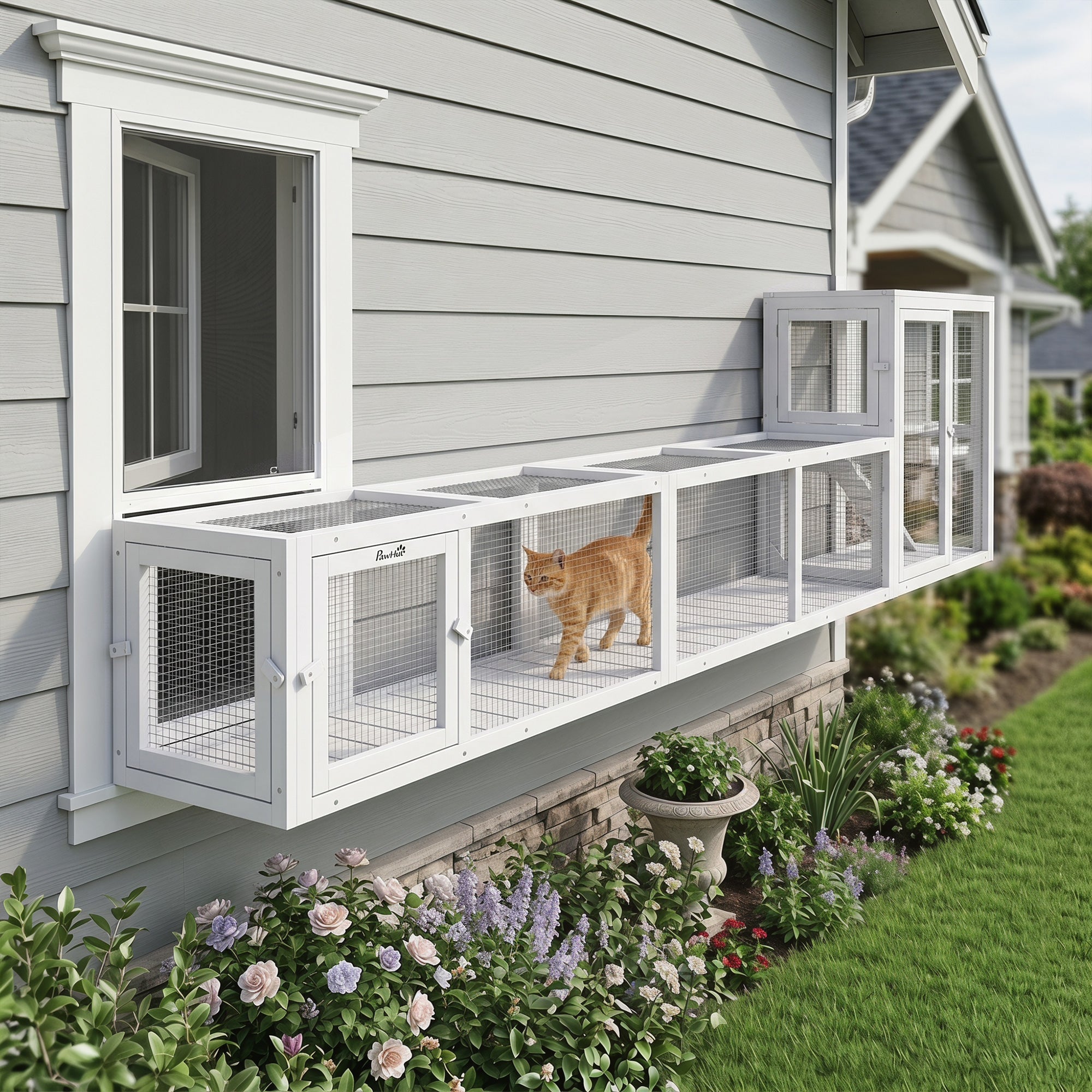 Wooden Cat Run with Weather Protection, Connecting Inside and Outside, 79"L x 15"W x 15"H, White