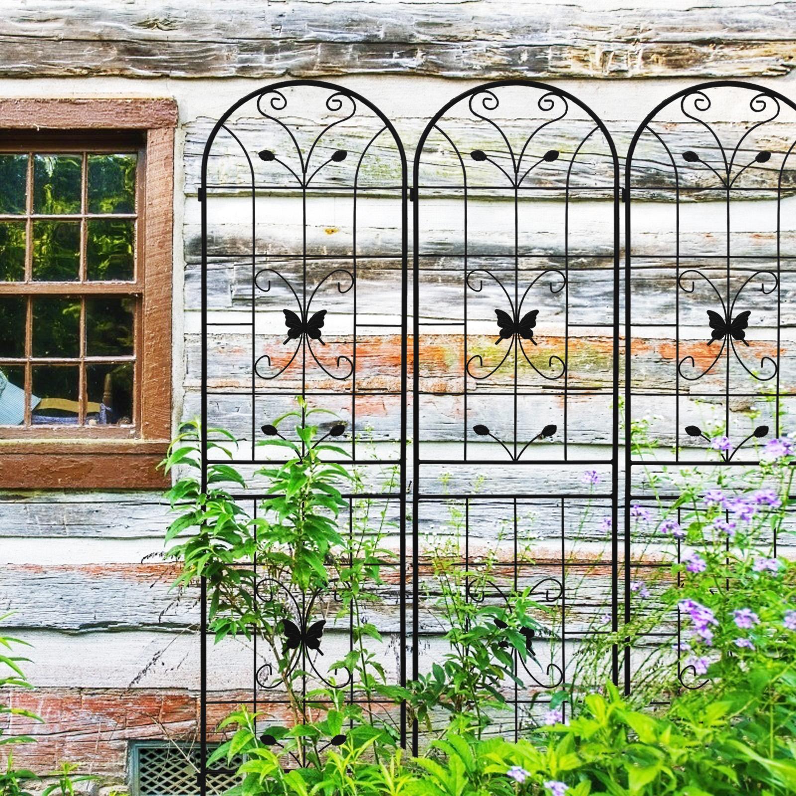 4 Pack Metal Garden Trellis with Butterfly Decoration and Powder Coated Iron, Extendable Design Rustproof Climbing Plant Support, Black