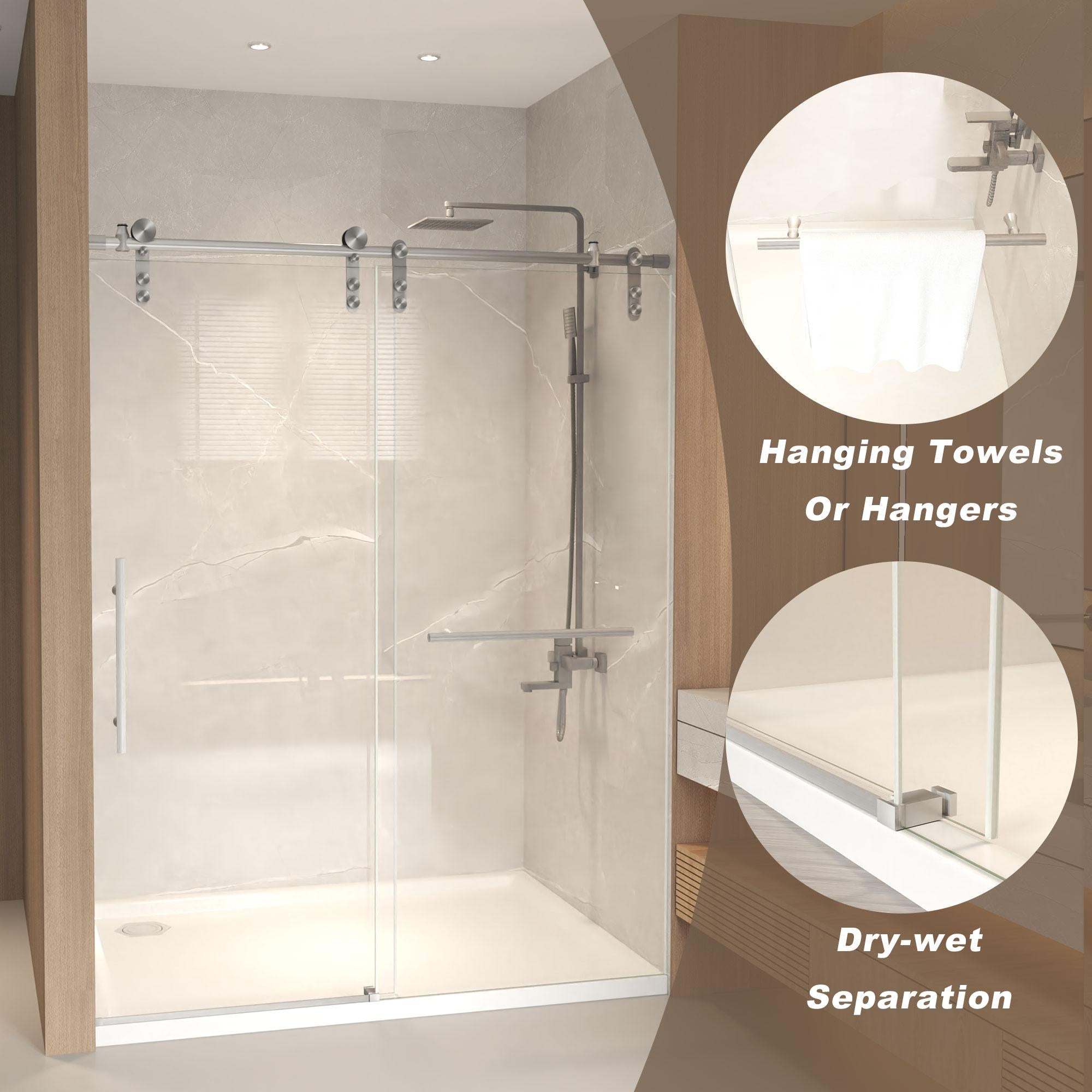 Sliding Shower Door with Waterproof Seals and Tempered Glass, Bathroom Door with Towel Bar Handle, 54" L x 0.5" W x 76" H, Brushed Nickel
