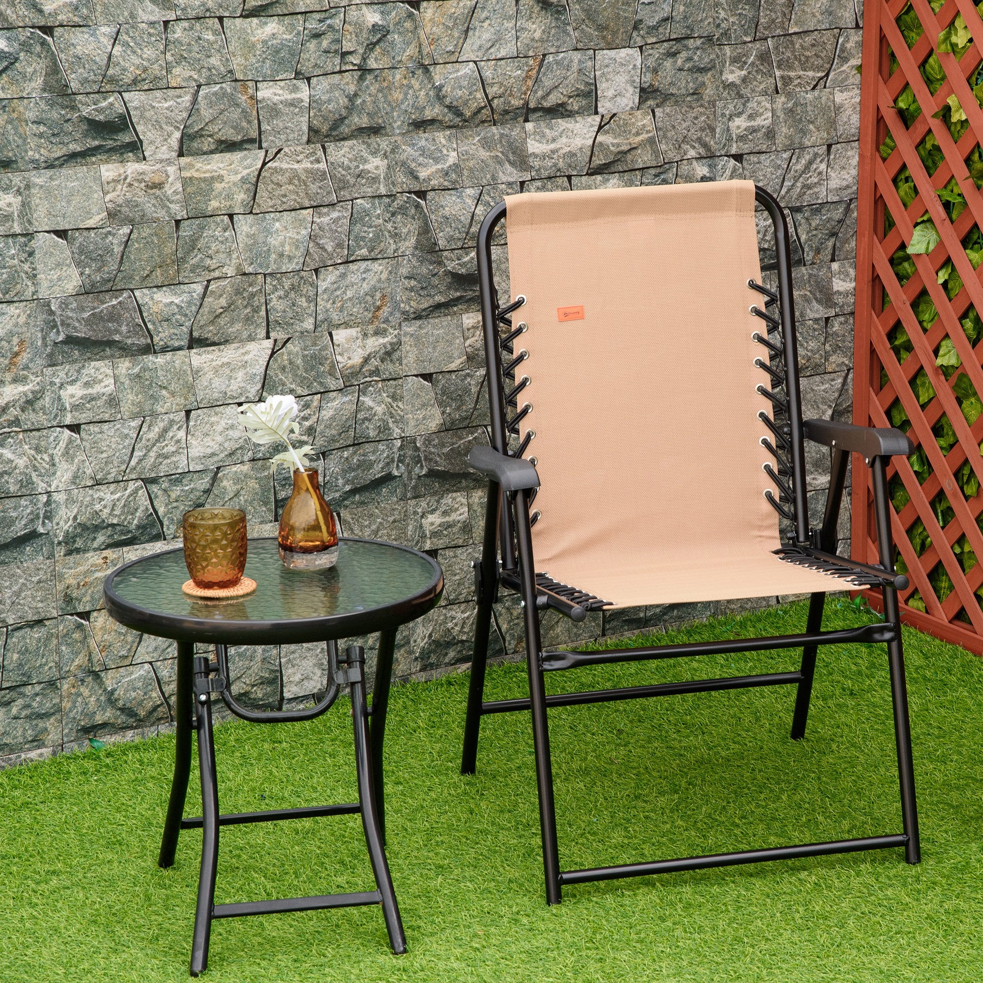Patio Folding Chair, Outdoor Bungee Sling Chair w/ Armrests, Portable Lawn Chair for Camping, Garden, Beige
