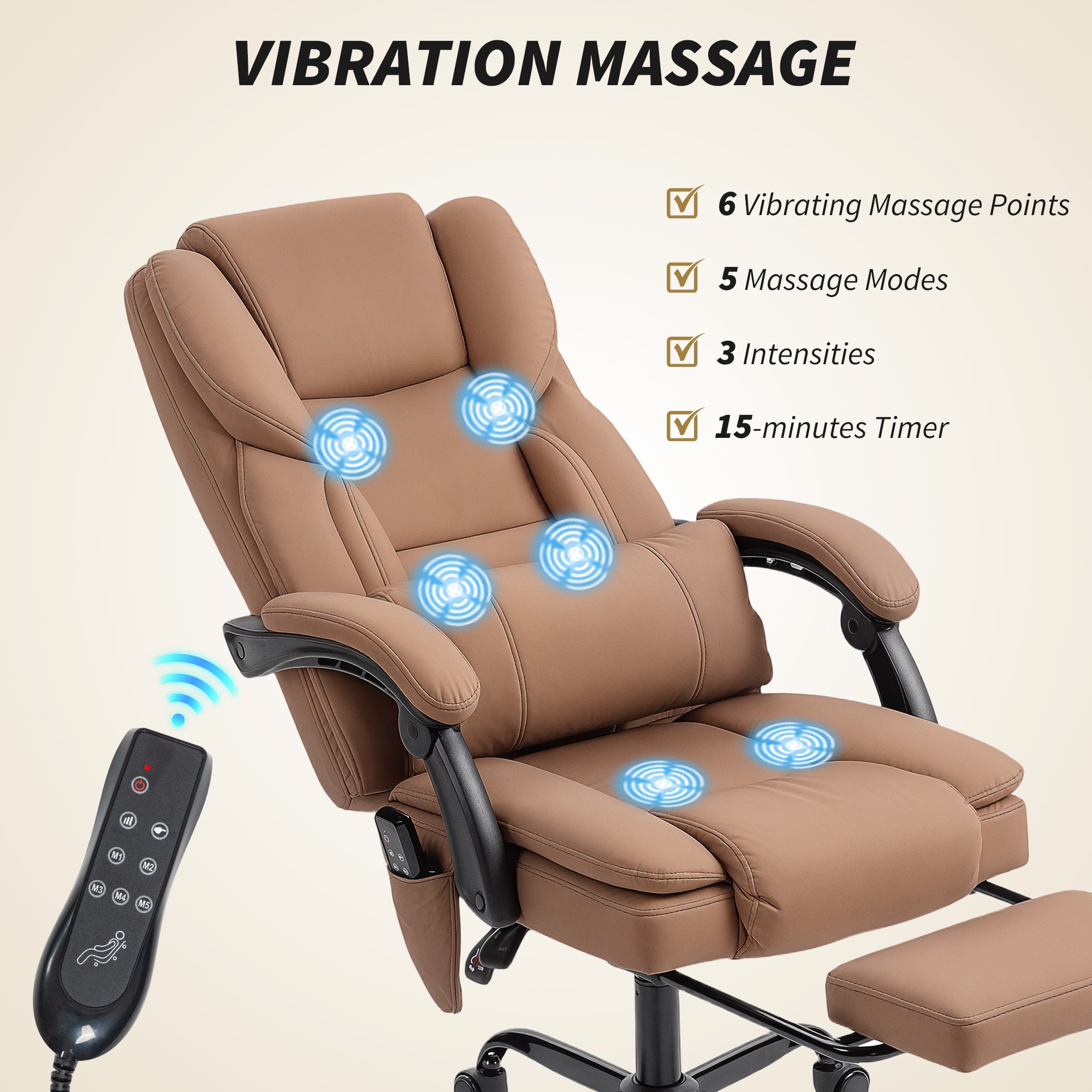 Office Chair with Massage, Pet-Friendly Faux Leather Reclining Desk Chair with Lumbar Support, Footrest, Brown