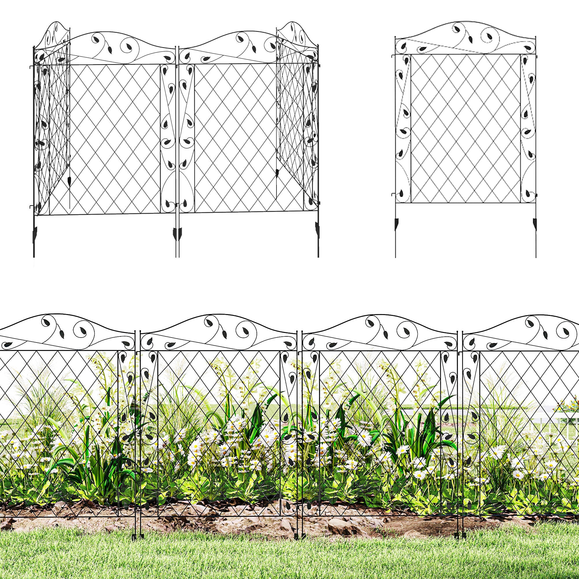Garden Fence, 4 Pack Steel Fence Panels, 11.5' L x 43" H, Rust-Resistant Decorative Border Flower Edging for Yard, Landscape, Patio, Outdoor Decor, Wavey Vines