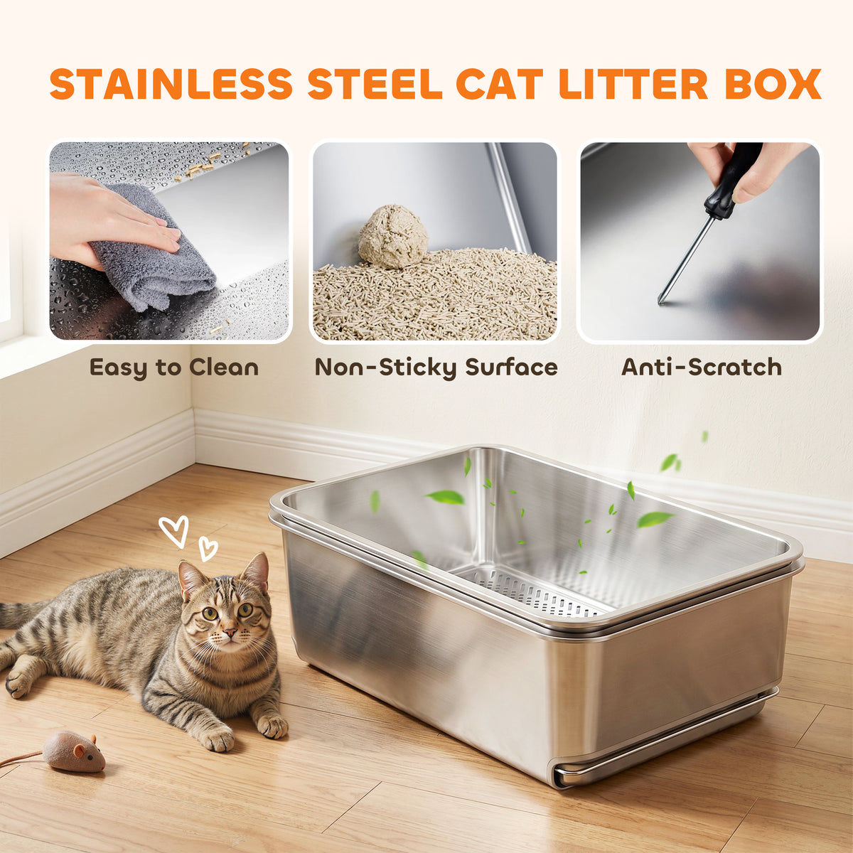 Stainless Steel Litter Box, XL Sifting Cat Litter Box for Medium, Large Cat, Non-Sticky, Odour Free, Easy Clean, Silver