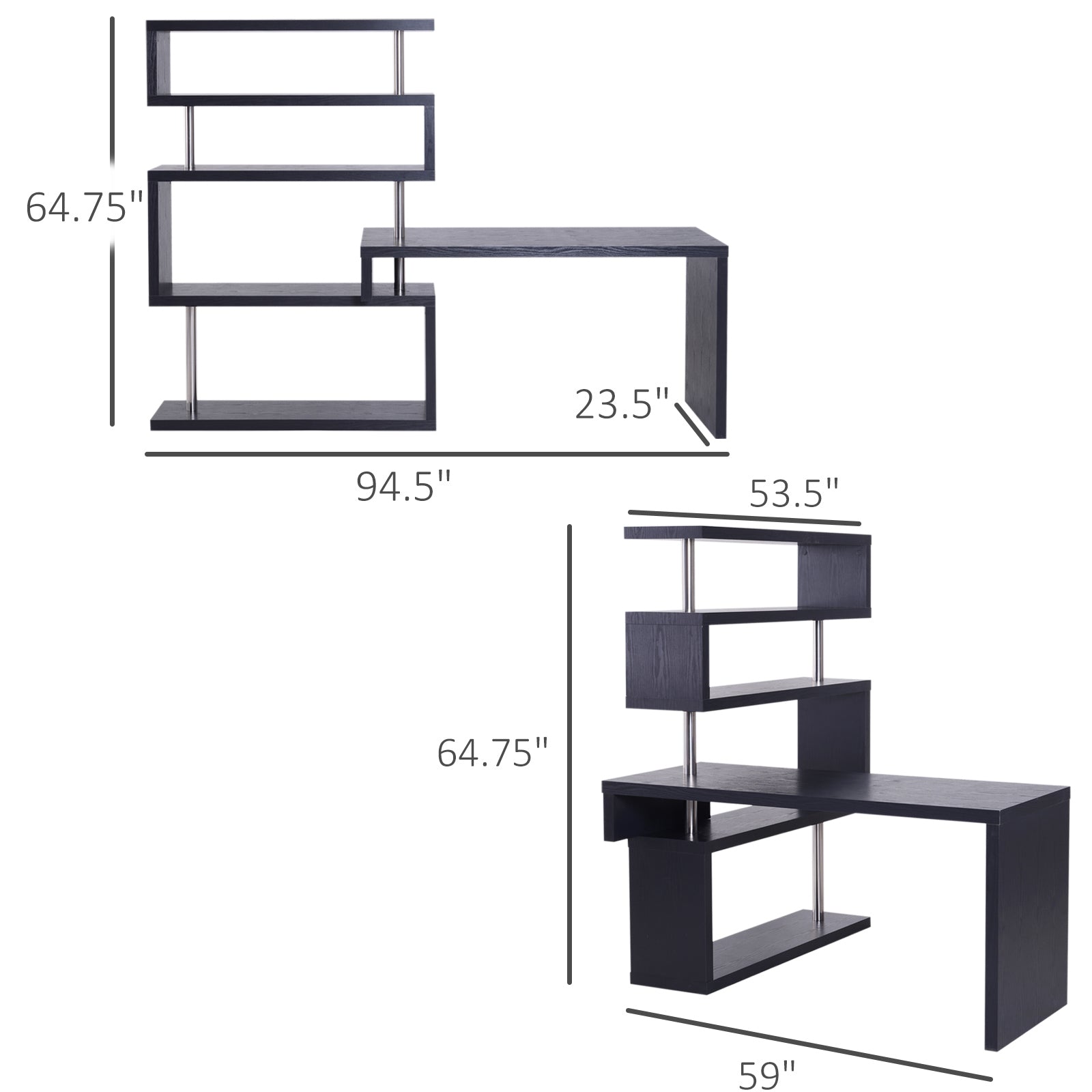 94" 5 Tier L-Shaped Computer Desk Rotating Writing Table Corner Desk with Display Shelves and Stainless Steel Frame, Black