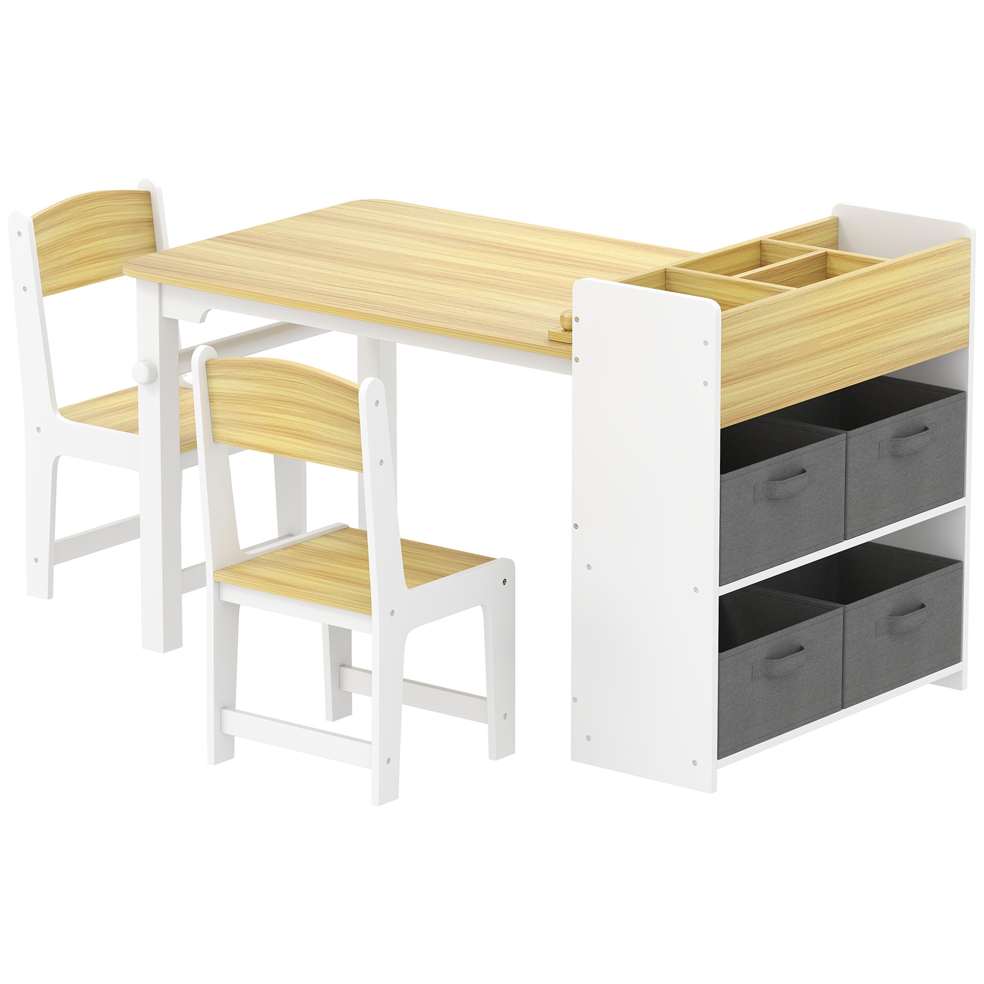 Kids Desk and Chair Set with Paper Roll, Kids Activity Craft Table with Storage Shelves and Drawers, Natural Wood