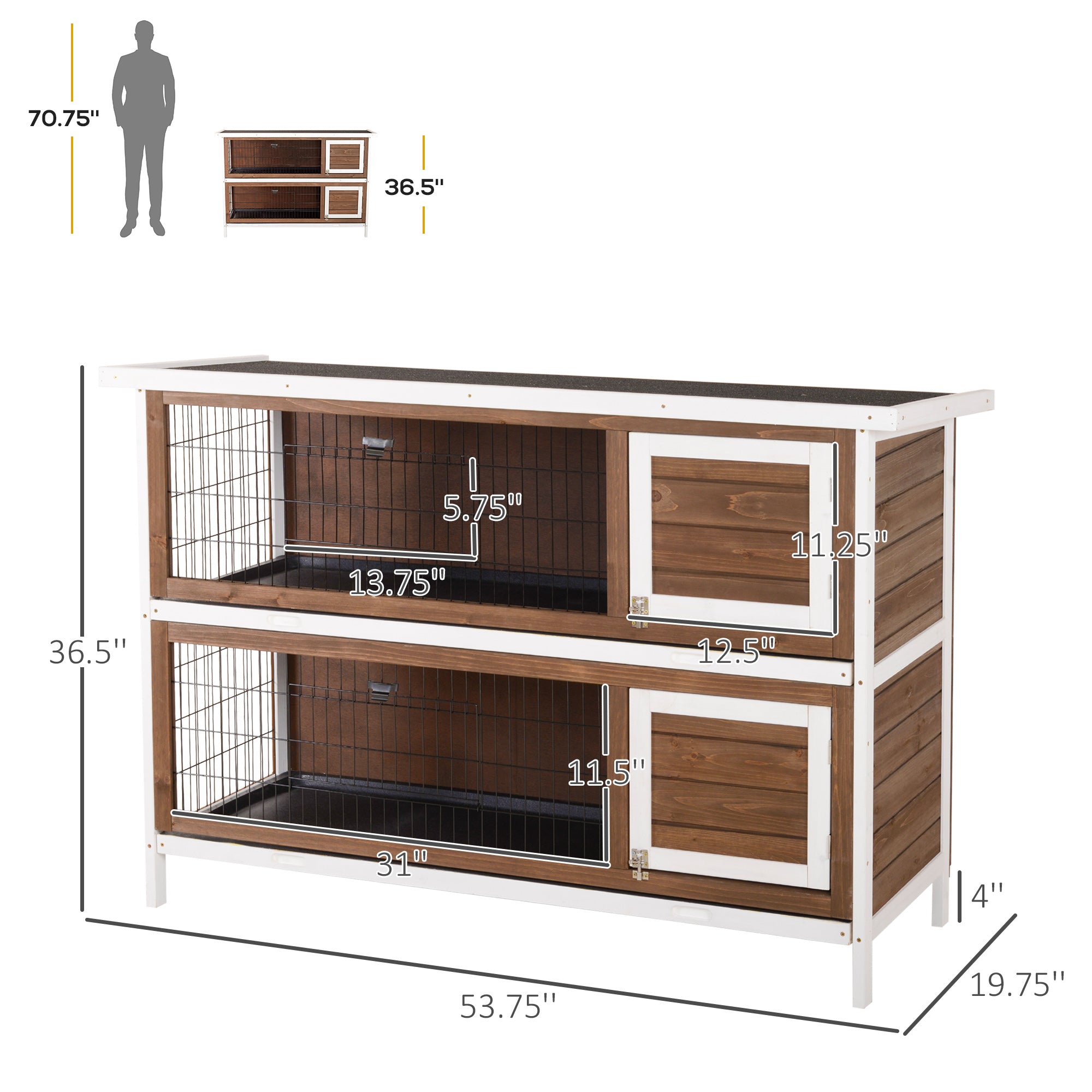 Wooden Rabbit Hutch w/ Dividers Asphalt Roof for Small Animals & Outdoors, Brown