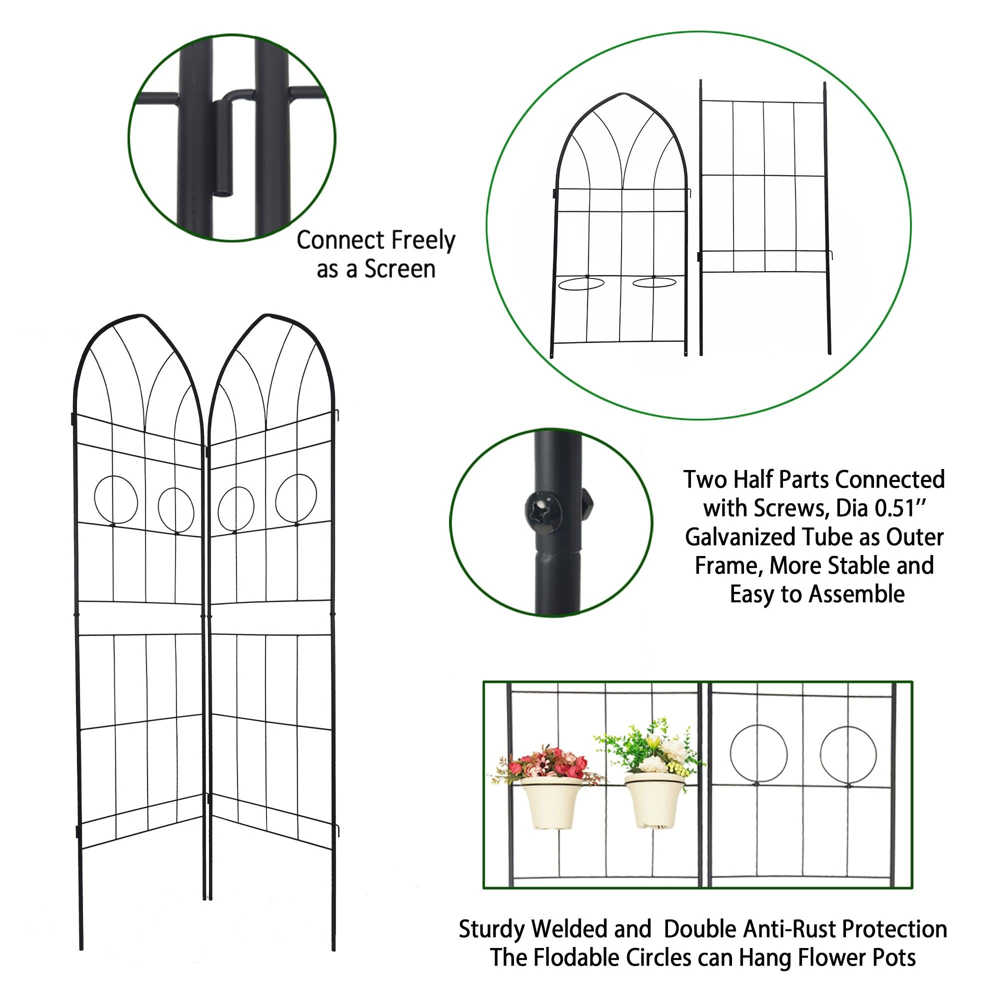2 Pack Rustproof Metal Garden Trellis with 2 Pot Holders, Climbing Plant Support for Outdoor Flowers, 40" L x 79" H, Black