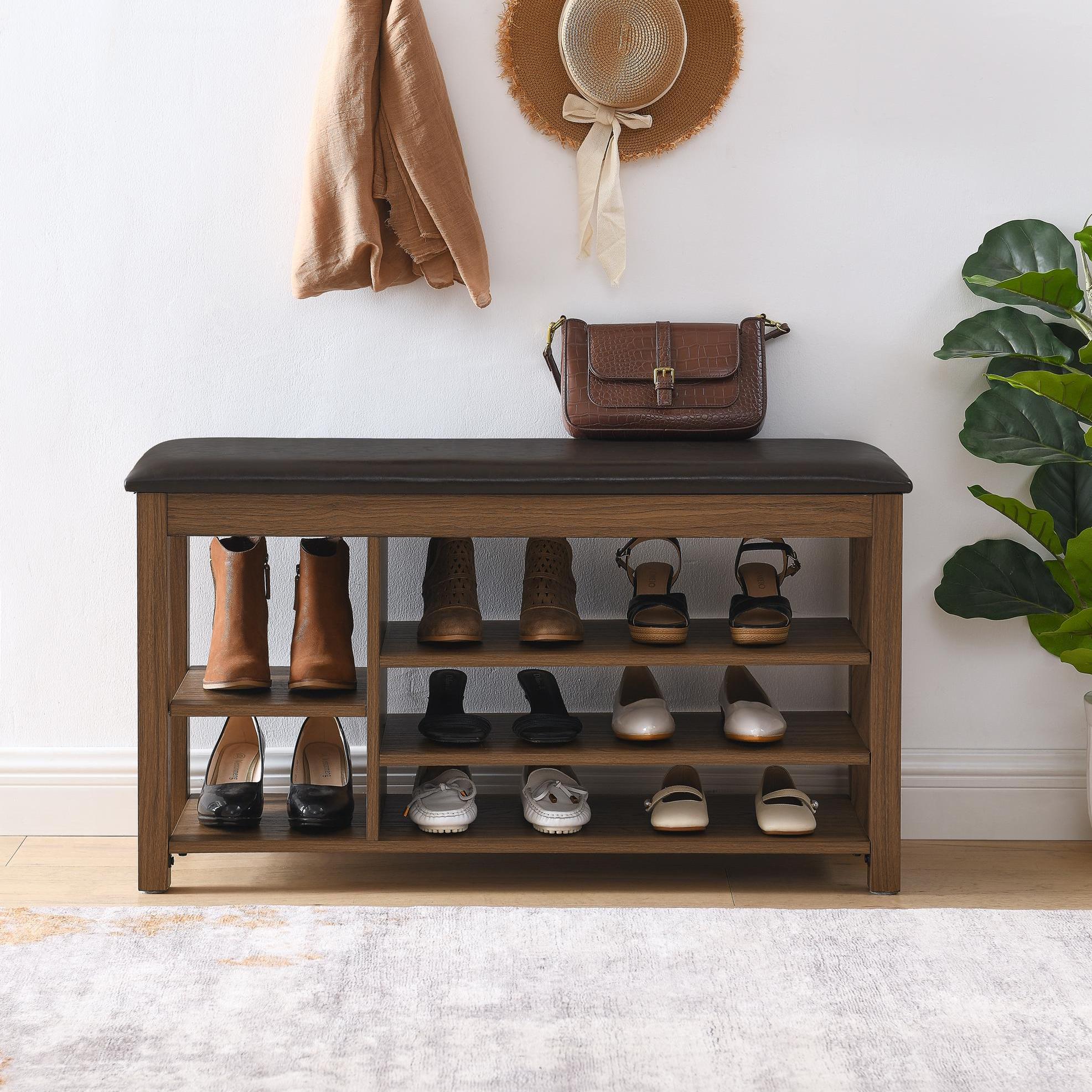 Height-Adjustable Long Shoe Bench with Lift-Up Concealed Storage, Durable Stool with Ventilated Compartments, 39.5" L x 12" W x 22" H, Brown