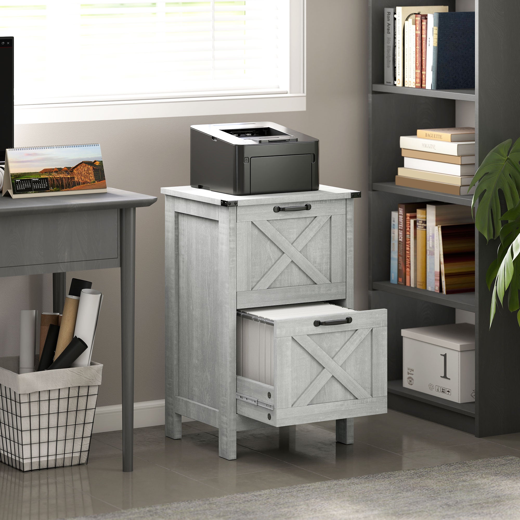 Vertical File Cabinet with 2 Drawers, Rustic Farmhouse Office Storage Cabinet for A4, Letter Size, Distressed Light Gray