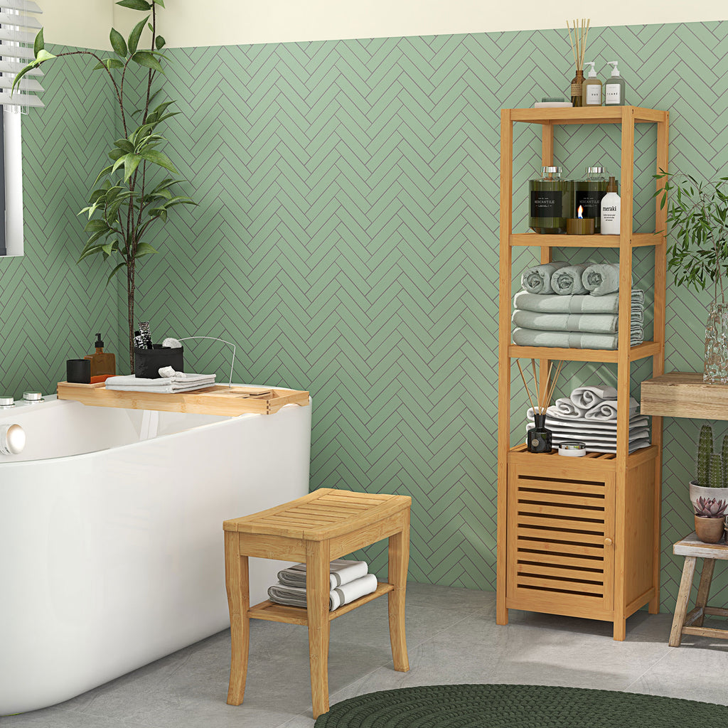 Long Bamboo Shower Bench Seat, 20" Wooden Spa Shower Stool with Underneath Storage Shelf Shoe Organizer