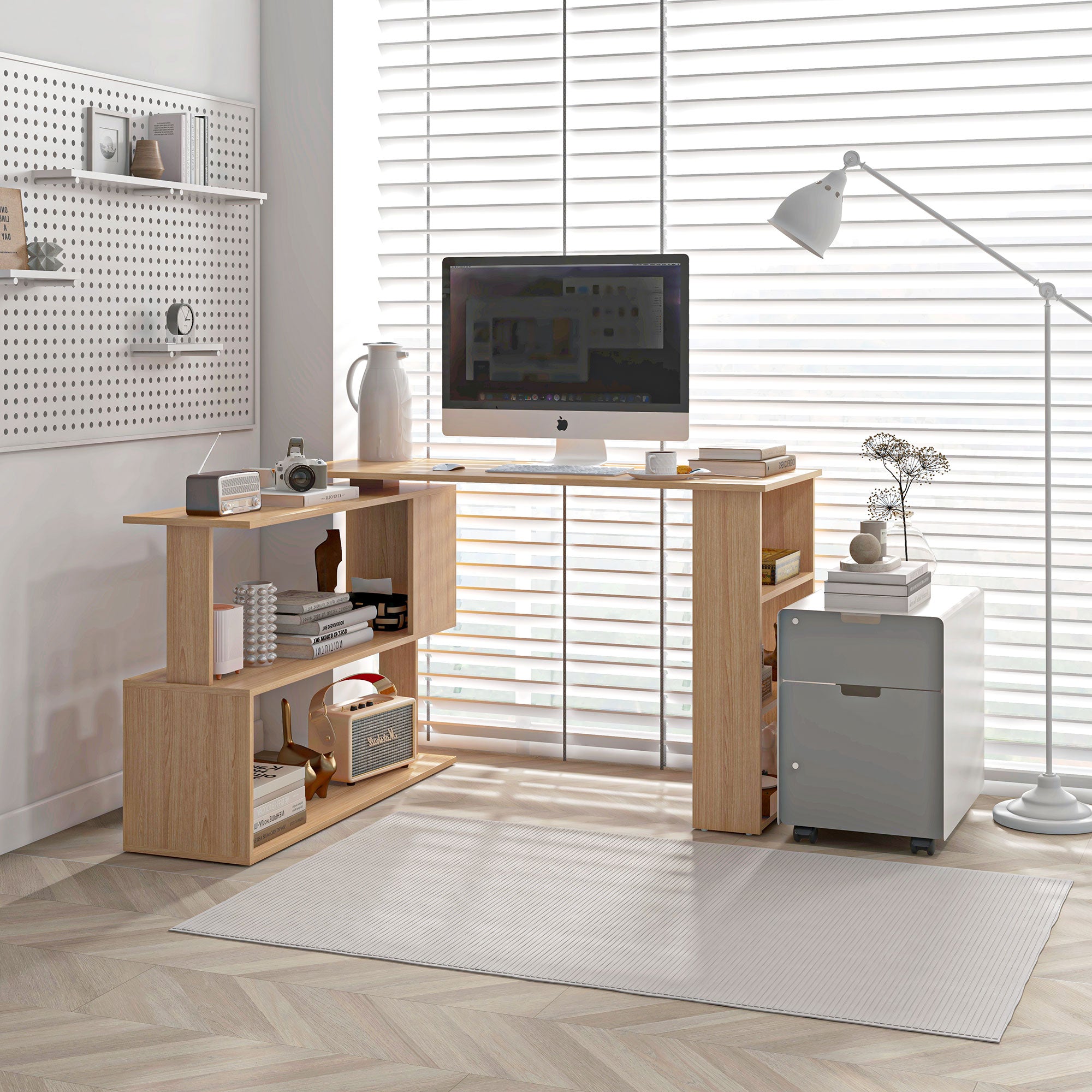 L Shaped Corner Desk, 360 Degree Rotating Home Office Desk with Storage Shelves, Writing Table Workstation, Maple