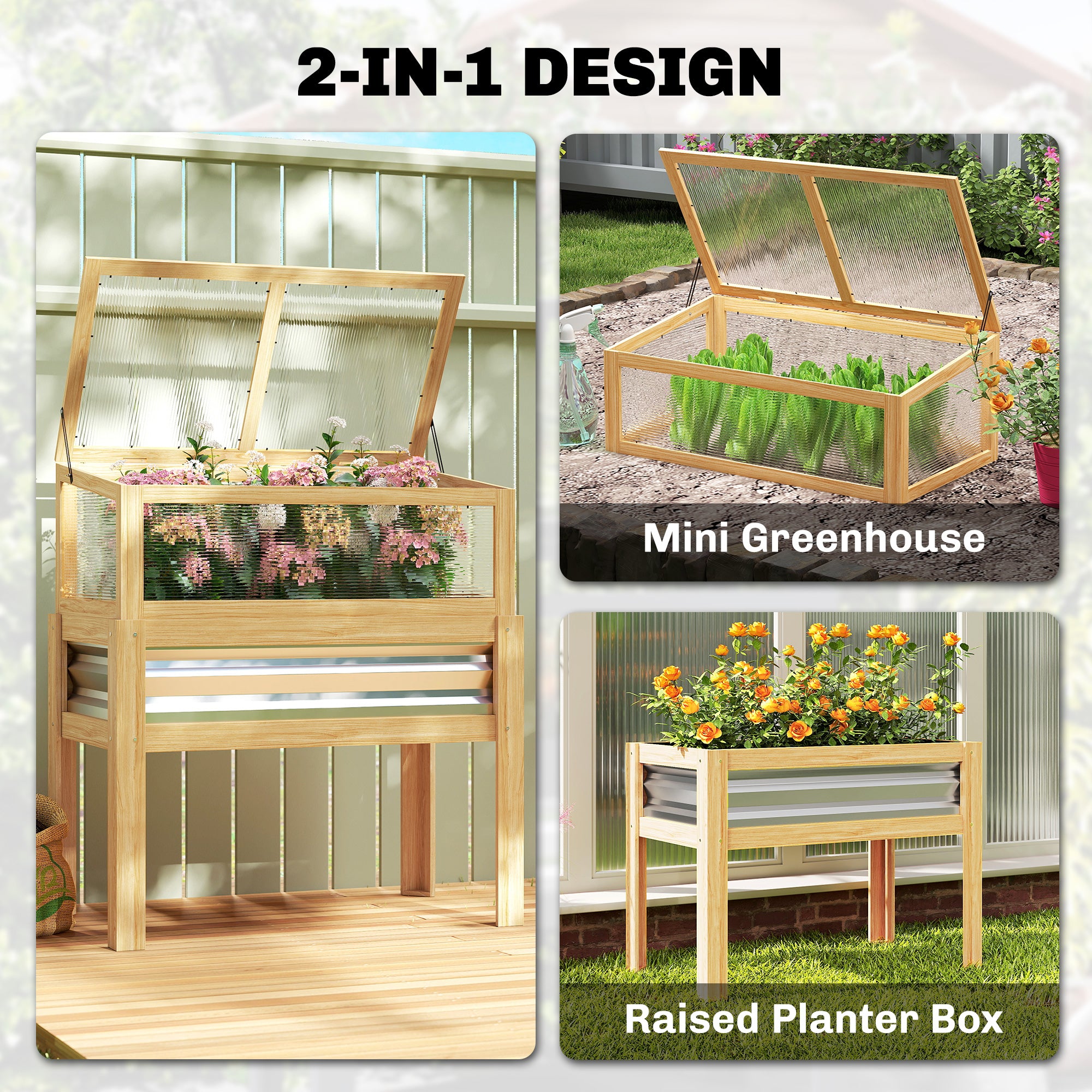 Raised Garden Bed with Mini Greenhouse, Elevated Planter Box with Legs and Bed Liner for Flowers, Vegetables