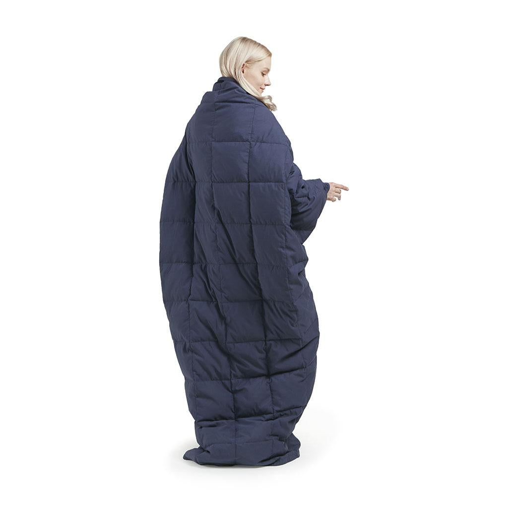 Machine Washable Wearable Multipurpose Throw with Goose Feather, Down Filling, Water-Repellent Microfiber, 68" L x 62" W x 0.25" H, Indigo