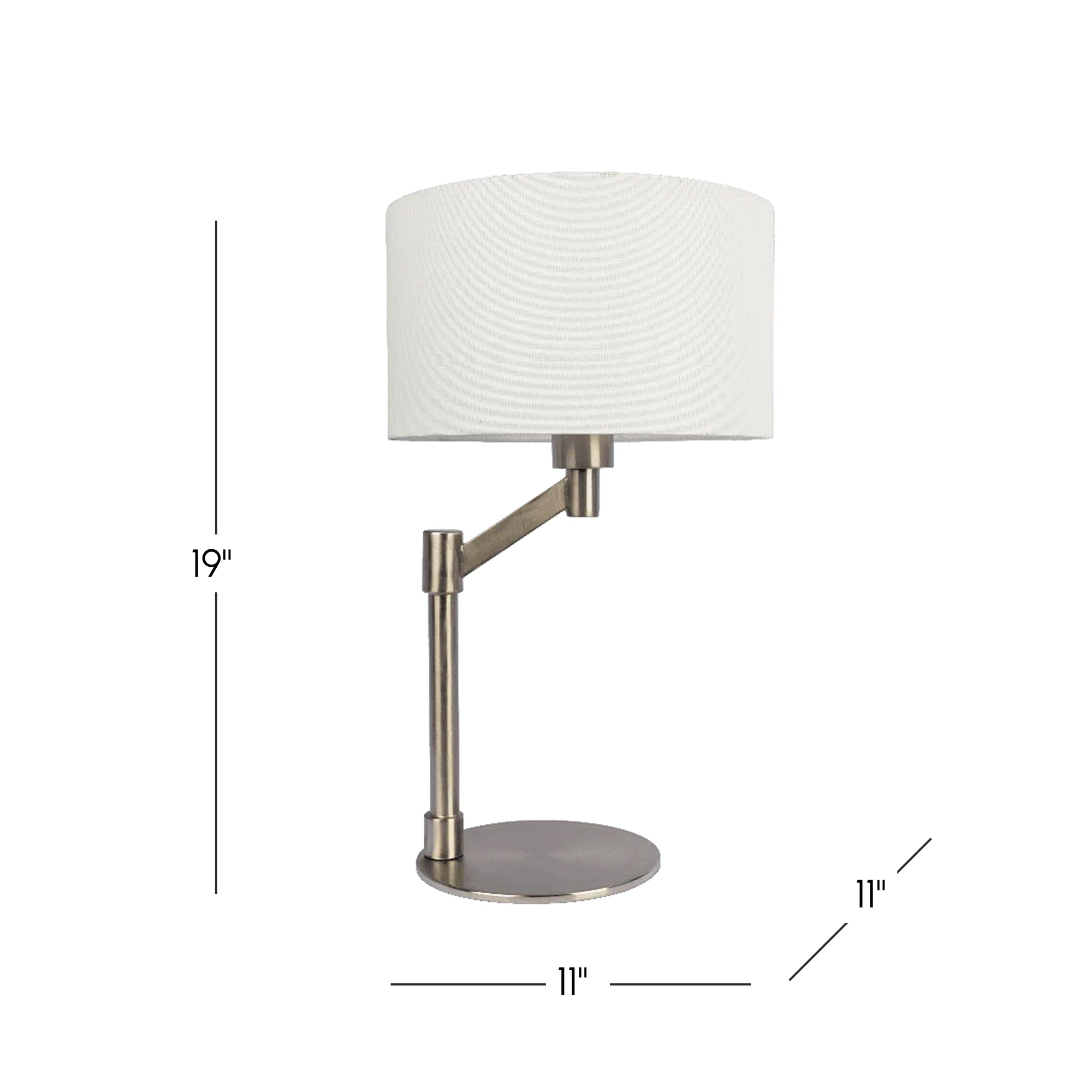 Brushed Nickel Table Lamp with On/Off Switch, Curved Metal Base, Linen Shade, Ideal for Home Decor, 11" L x 11" W x 19" H, Silver+White
