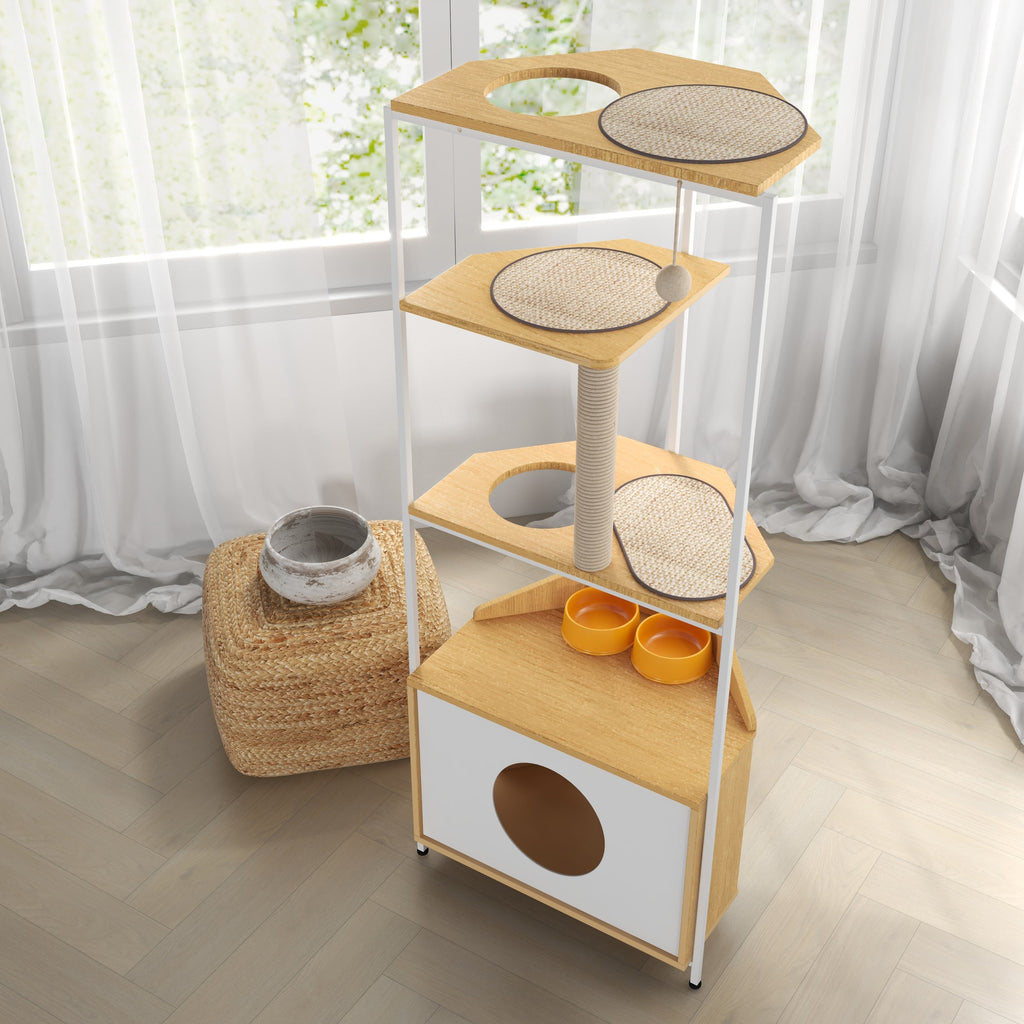 Corner Multi-Level Cat Tower and Condo with Scratching Post, Feeding Station, 25" L x 16" W x 58.5" H, White+Light Oak