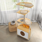 Corner Multi-Level Cat Tower and Condo with Scratching Post, Feeding Station, 25" L x 16" W x 58.5" H, White+Light Oak