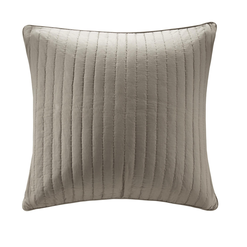 Embroidered Cotton Quilted Euro Sham with Hidden Zipper, Machine Washable Farmhouse Style Pillow Cover, 26" L x 26" W x 0.25" H, Taupe
