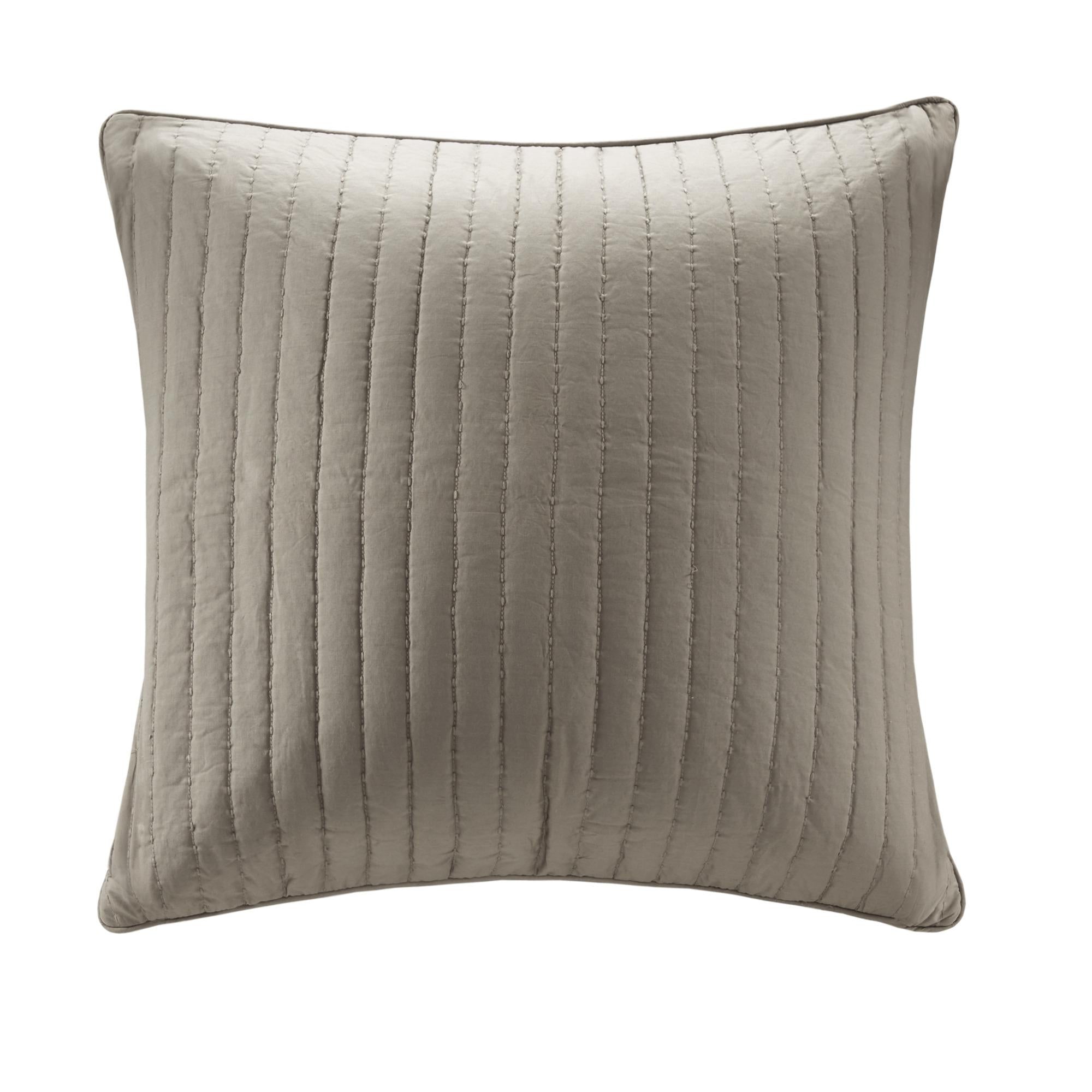 Embroidered Cotton Quilted Euro Sham with Hidden Zipper, Machine Washable Farmhouse Style Pillow Cover, 26" L x 26" W x 0.25" H, Taupe
