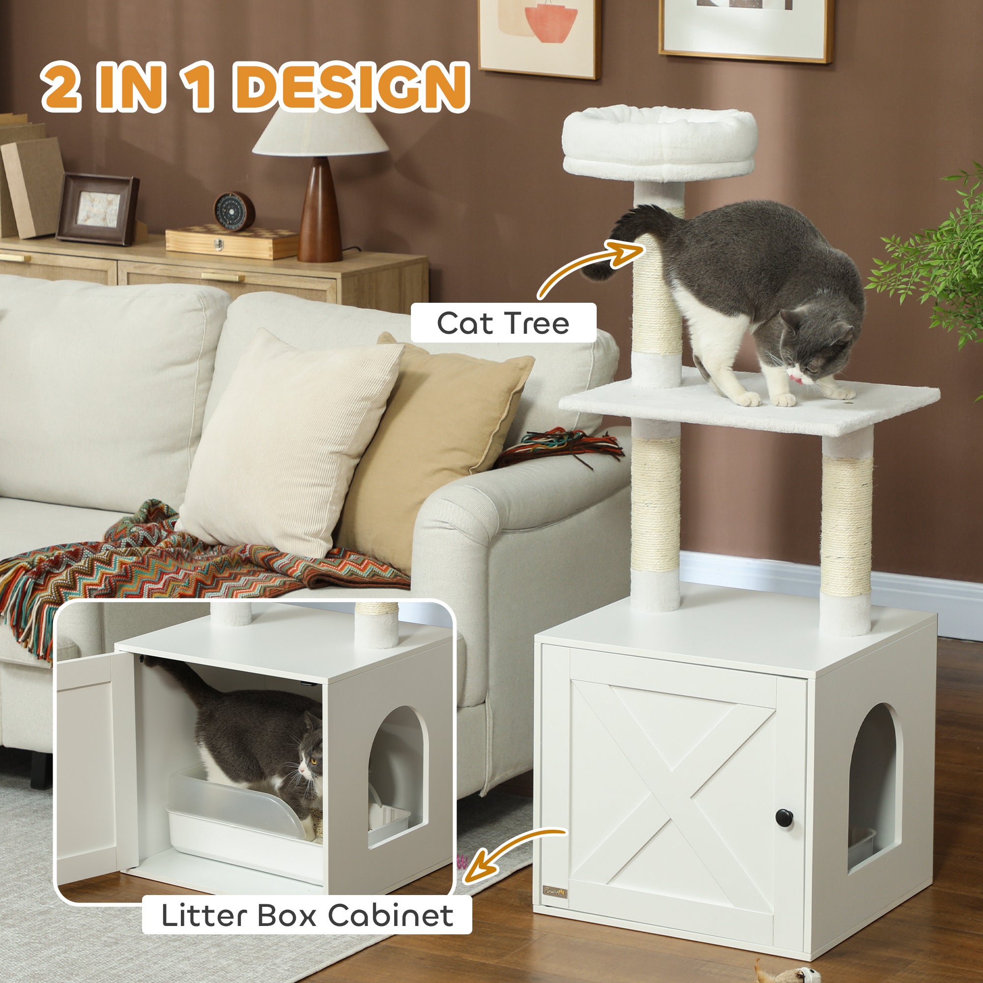 Cat Tree with Litter Box Enclosure, Scratching Posts, Bed, Climbing Platforms for Indoor Cats, White
