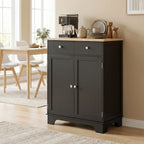Kitchen Storage Cabinet, Sideboard Floor Cupboard with Solid Wood Top, Adjustable Shelf, and 2 Drawers, Black