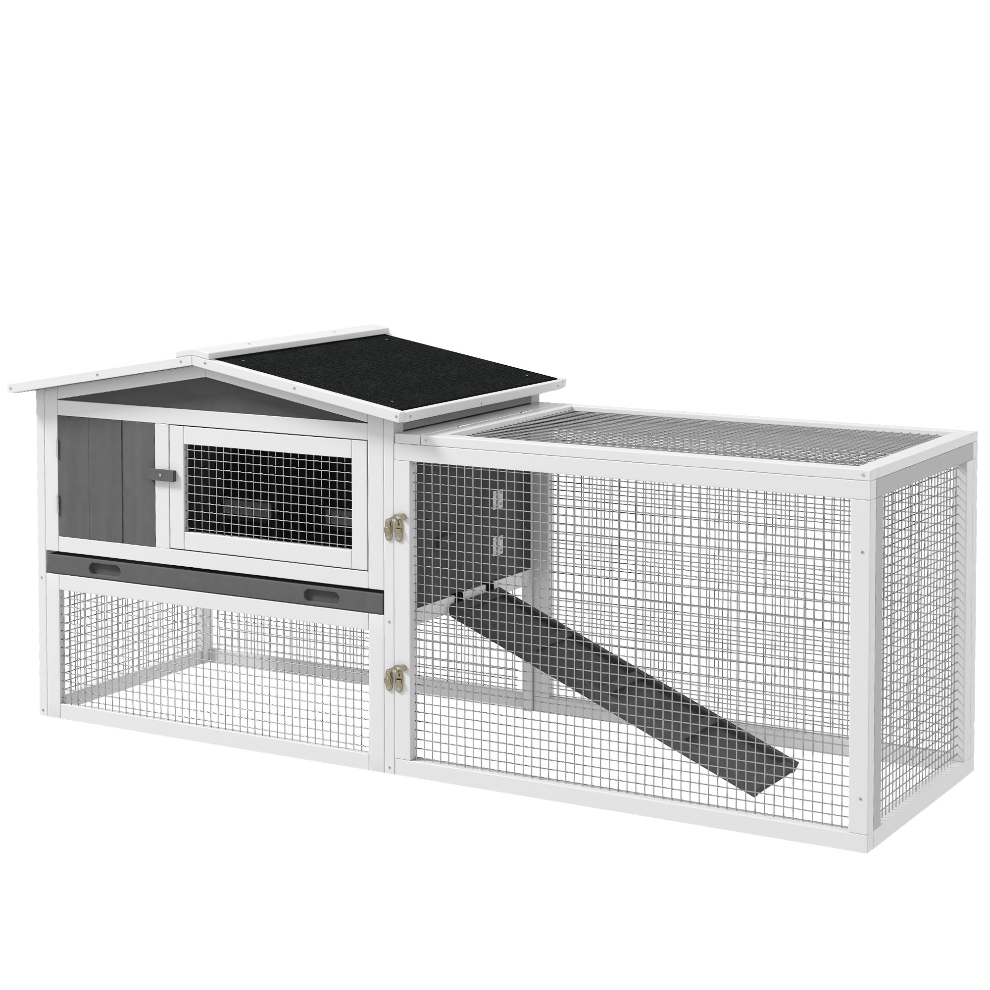 Rabbit Hutch 2-Story Bunny Cage, Guinea Pig Cage Indoor Outdoor, Small Animal House with Slide Out Tray, for Rabbits, Chickens, Ducks, 61.5" x 23" x 27", Light Gray