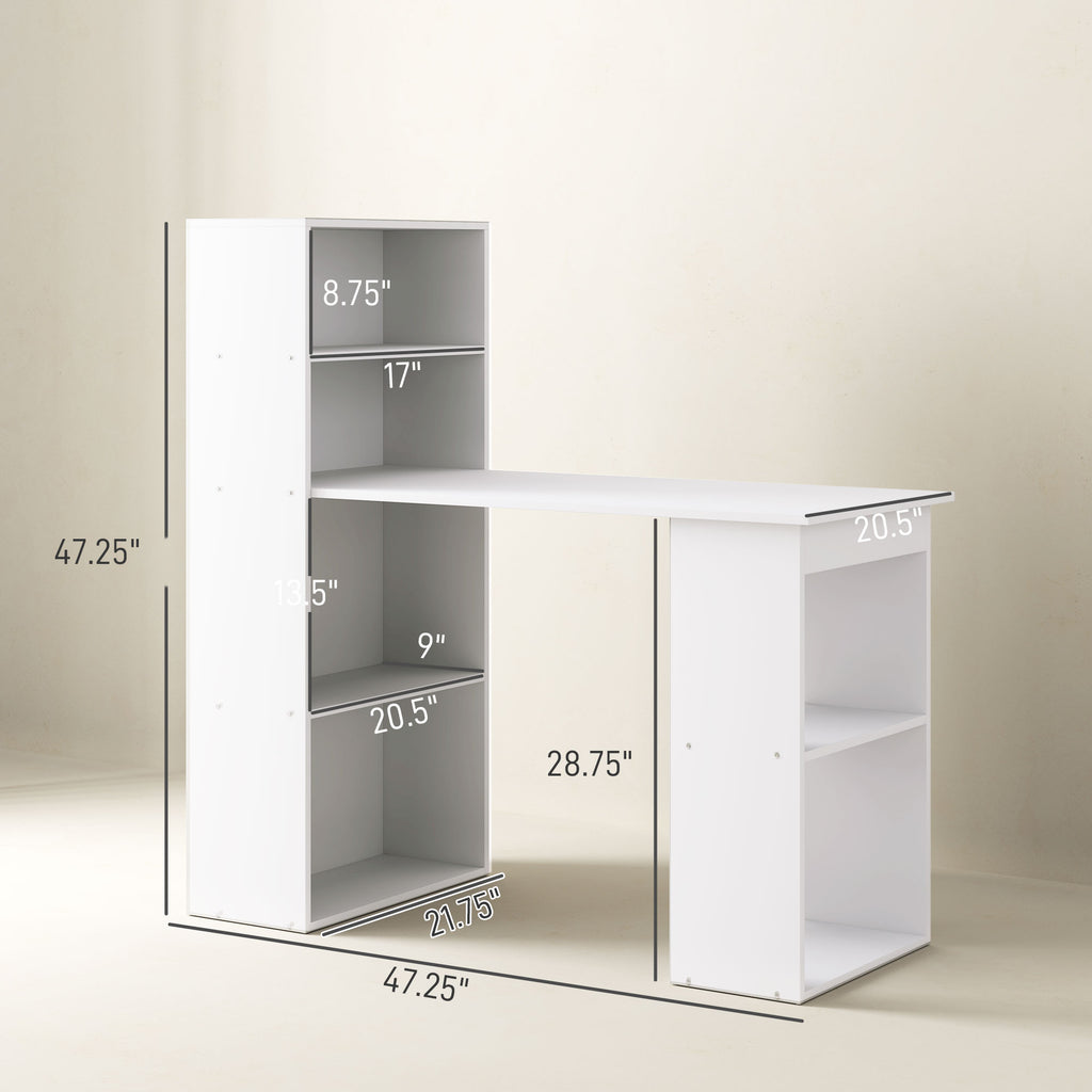 Computer Desk with 6-Tier Storage Shelves, Writing Desk Workstation with Bookshelf for Home Office, White
