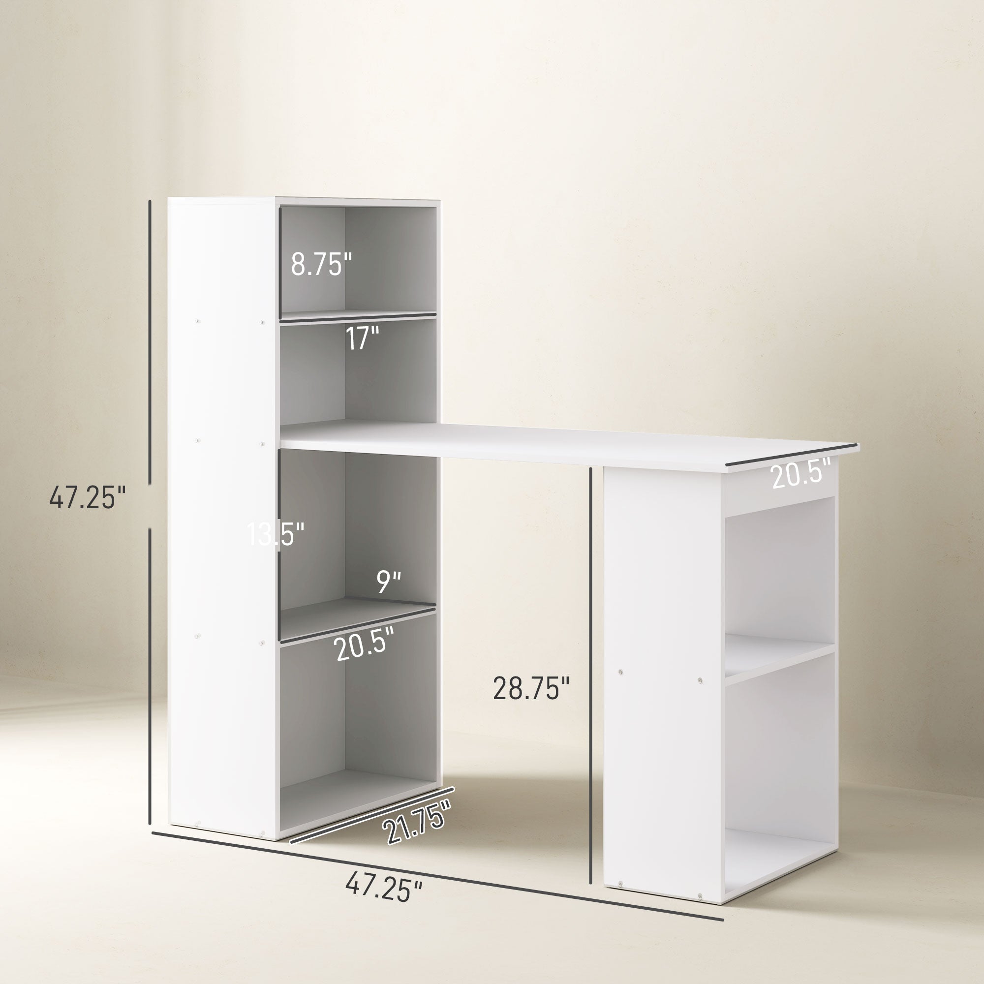 Computer Desk with 6-Tier Storage Shelves, Writing Desk Workstation with Bookshelf for Home Office, White