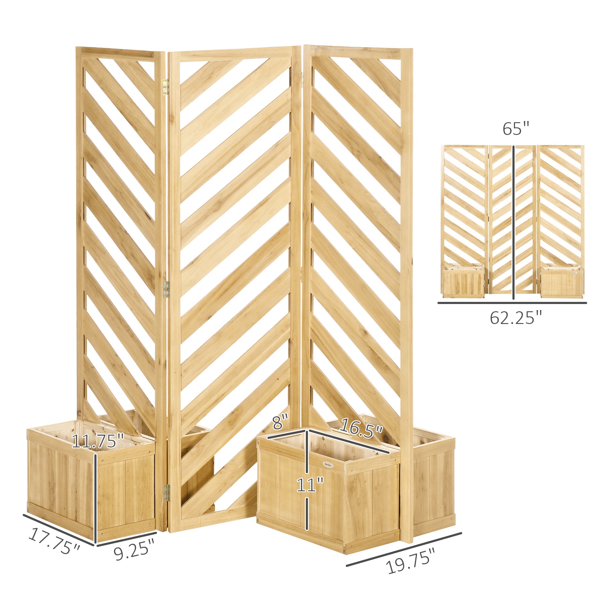 Decorative Outdoor Privacy Screen, Freestanding Divider/Separator with 4 Self-Draining Planters, 3 Trellis Plant Support Panels for Garden Walkway, Backyard, Natural Wood
