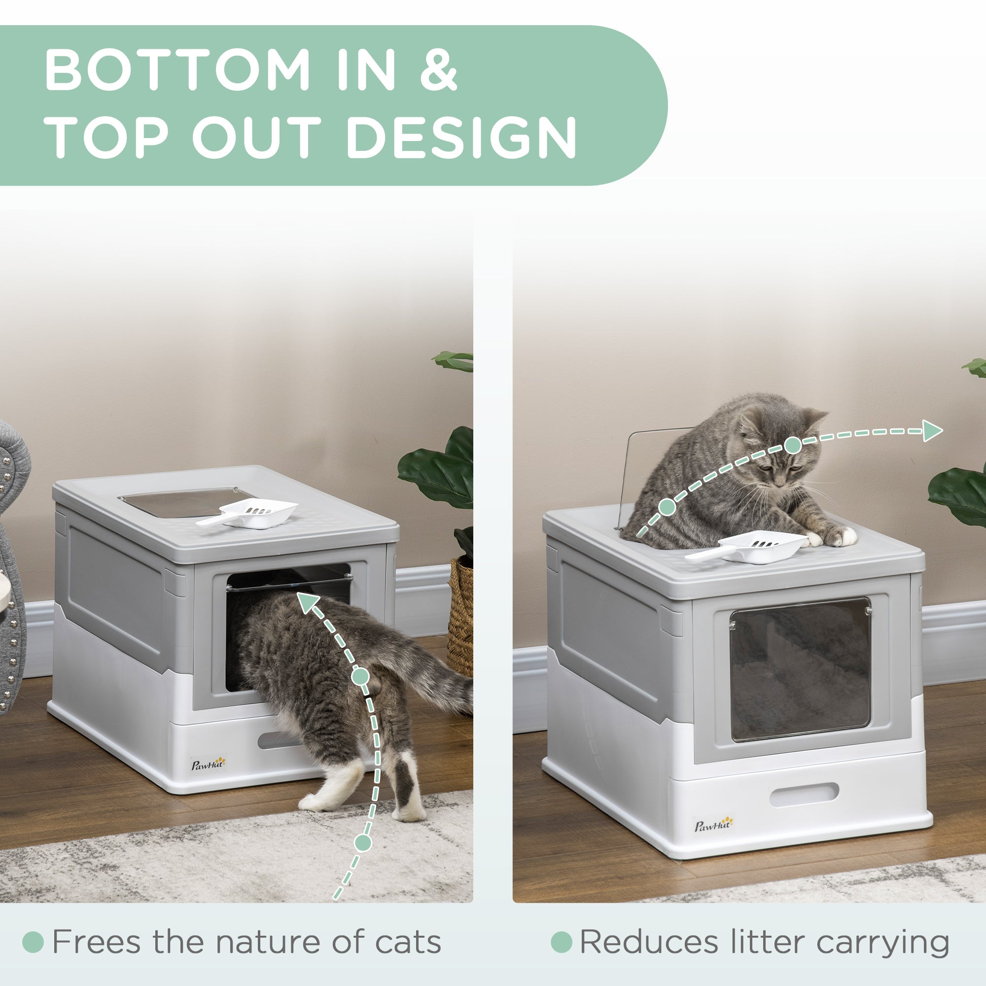 Fully Enclosed Cat Litter Box with Front Entry and Top Exit, Plastic, Gray & White