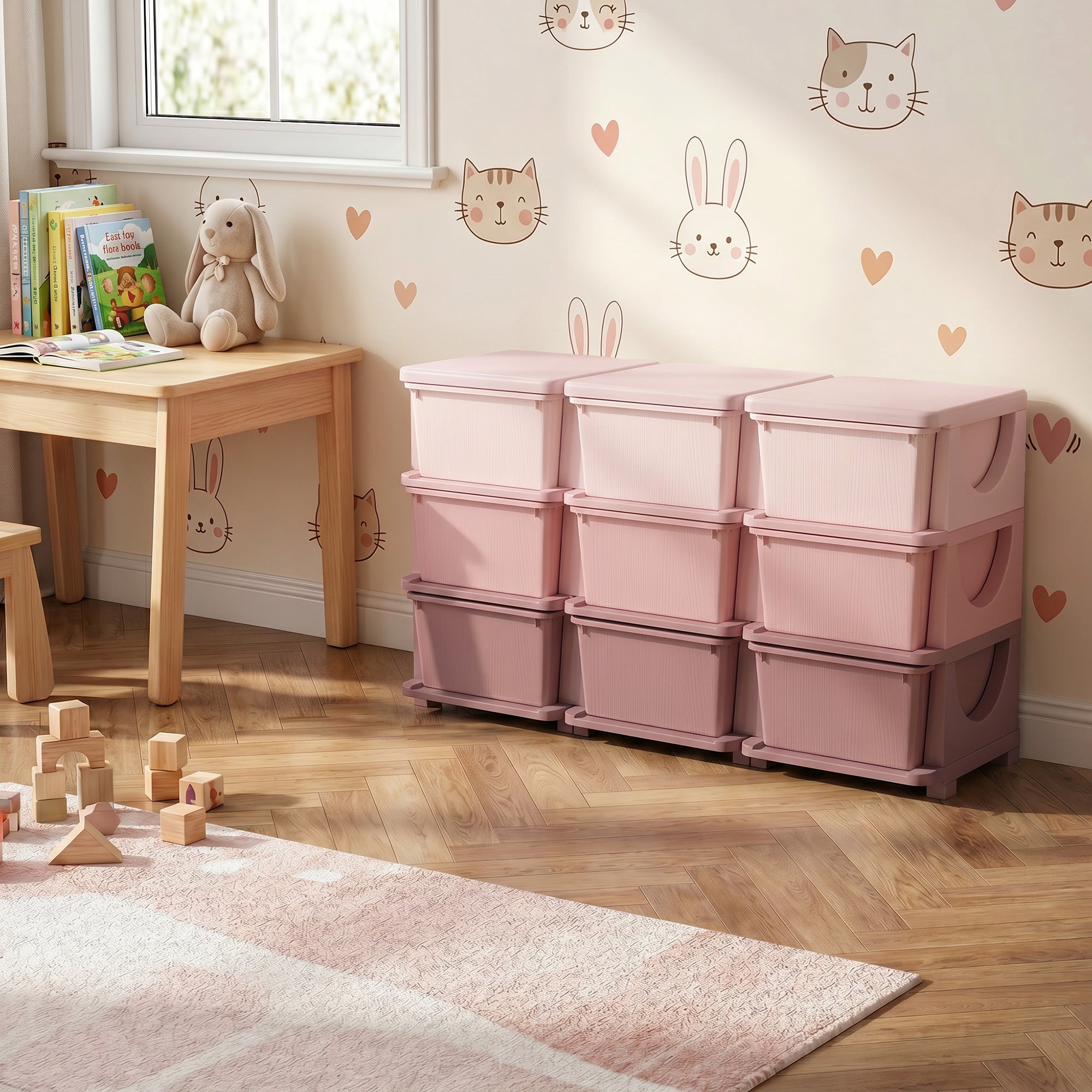 29.5" 3 Tier Kids Storage Unit Dresser Tower w/ 9 Drawers, Pink