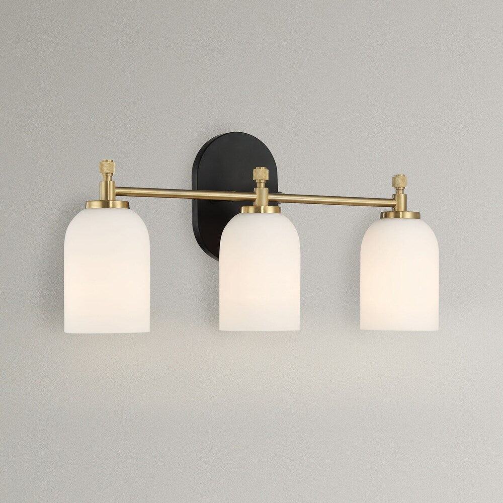 Meadows Three-Light Vanity Bathroom Wall Light with White Frosted Glass, Brushed Gold Finish, 20.5"W × 10.1"H × 5.5"E, Gold+White