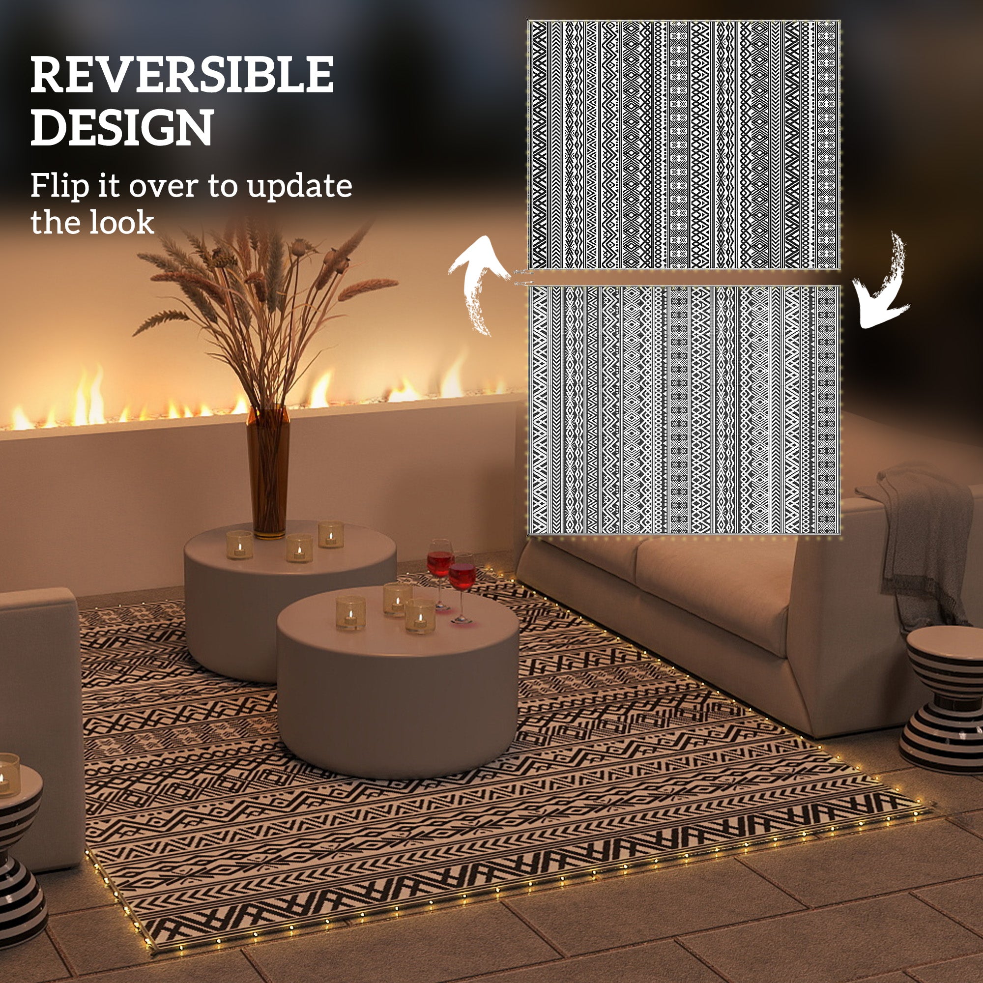 Outdoor Rug Carpet with USB Lights Reversible Patio Rug with Carry Bag for Camping 10' x 8'