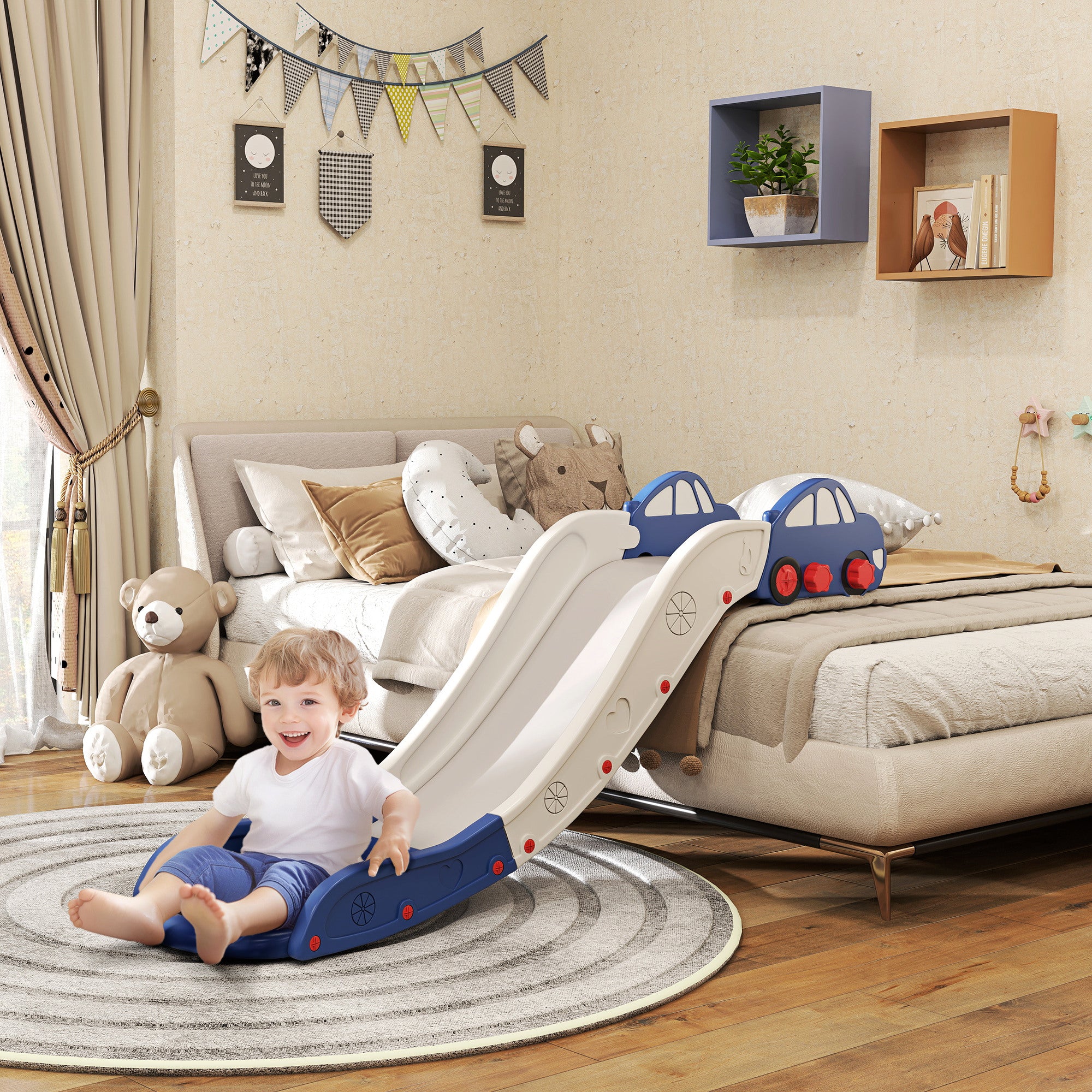 Extra Length Toddler Slide for Bed, Sofa, Easy to Assemble, Blue