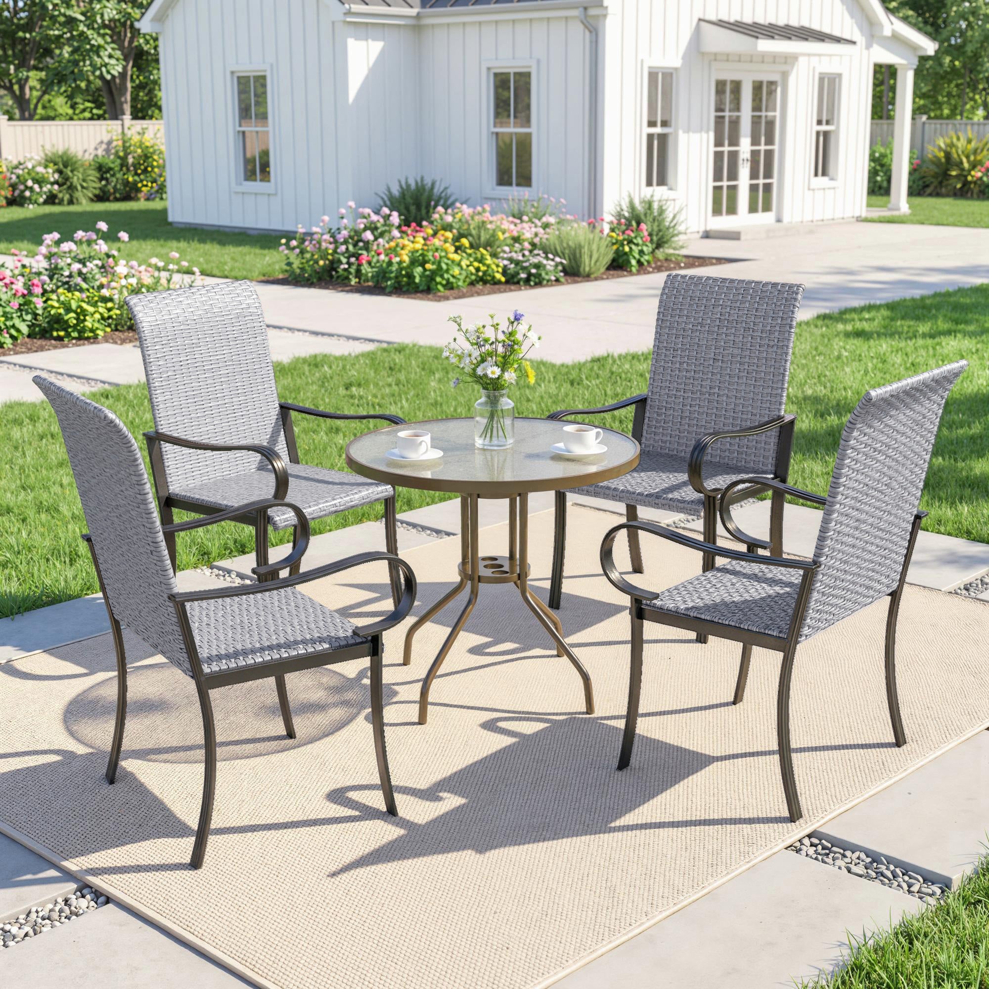 Set of 4 Outdoor Wicker Dining Chairs with Armrest, Steel Frame, High Back and Deep Seating, Gray
