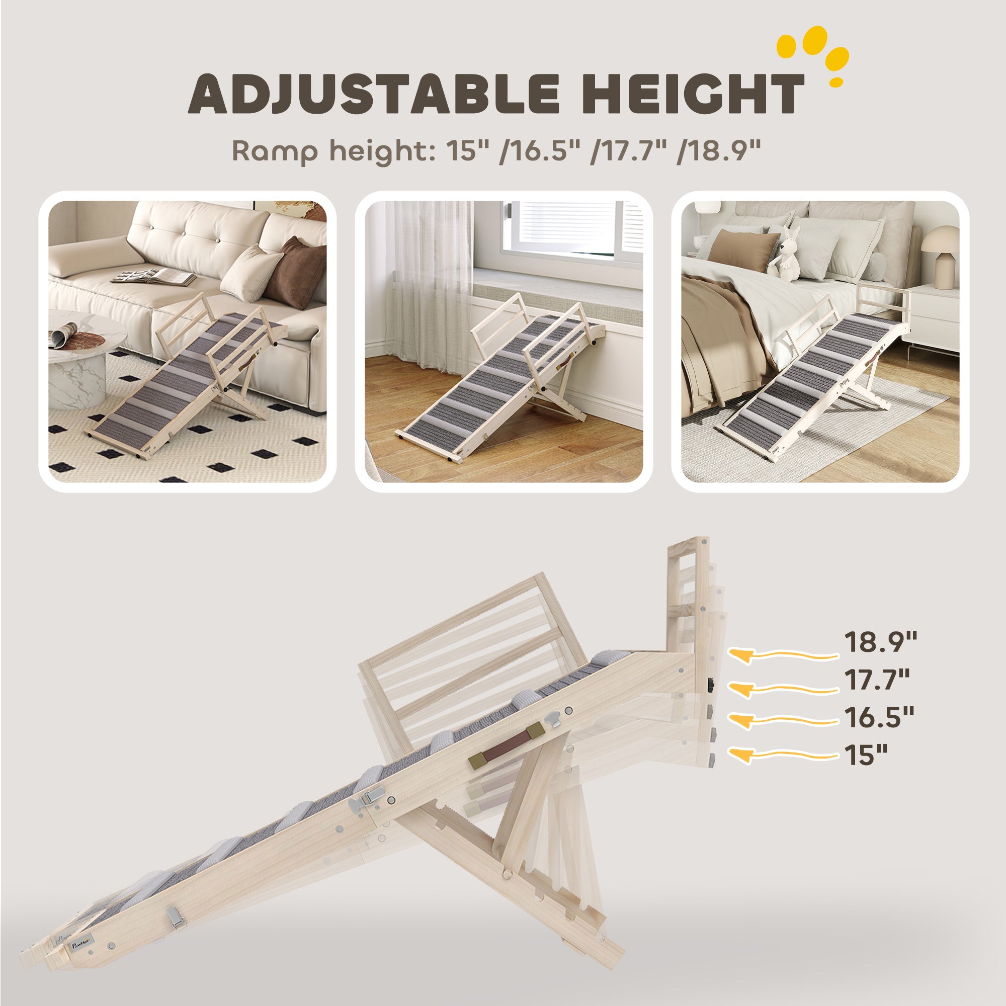 Dog Ramp, Folding Pet Ramp, 4 Adjustable Height from 15" to 19", Dog Step with Side Rails for Small to Large Pets