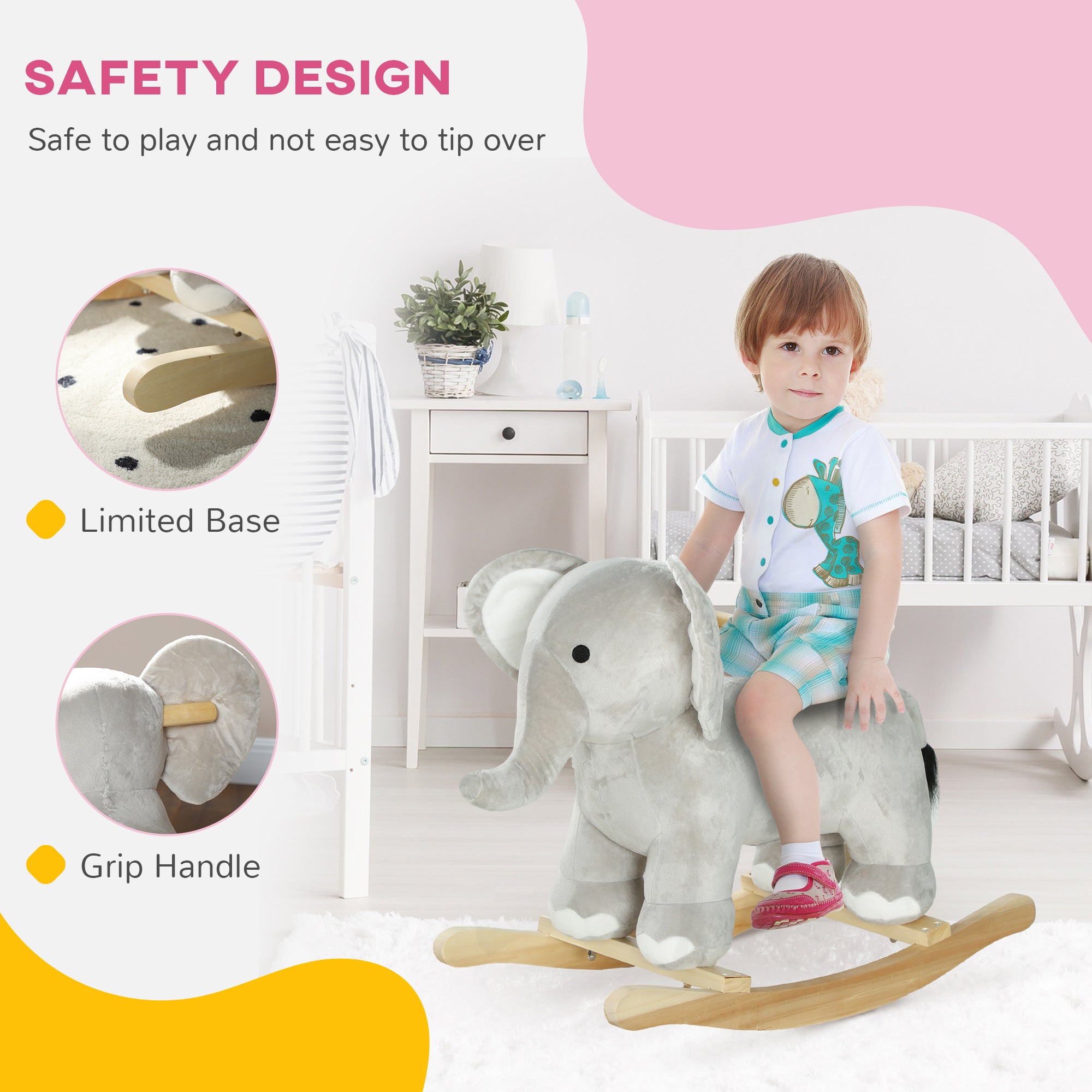 Kids Rocking Animal, Elephant Rocker with Realistic Sounds, Plush Ride on Toy for Years 2-4, Gray