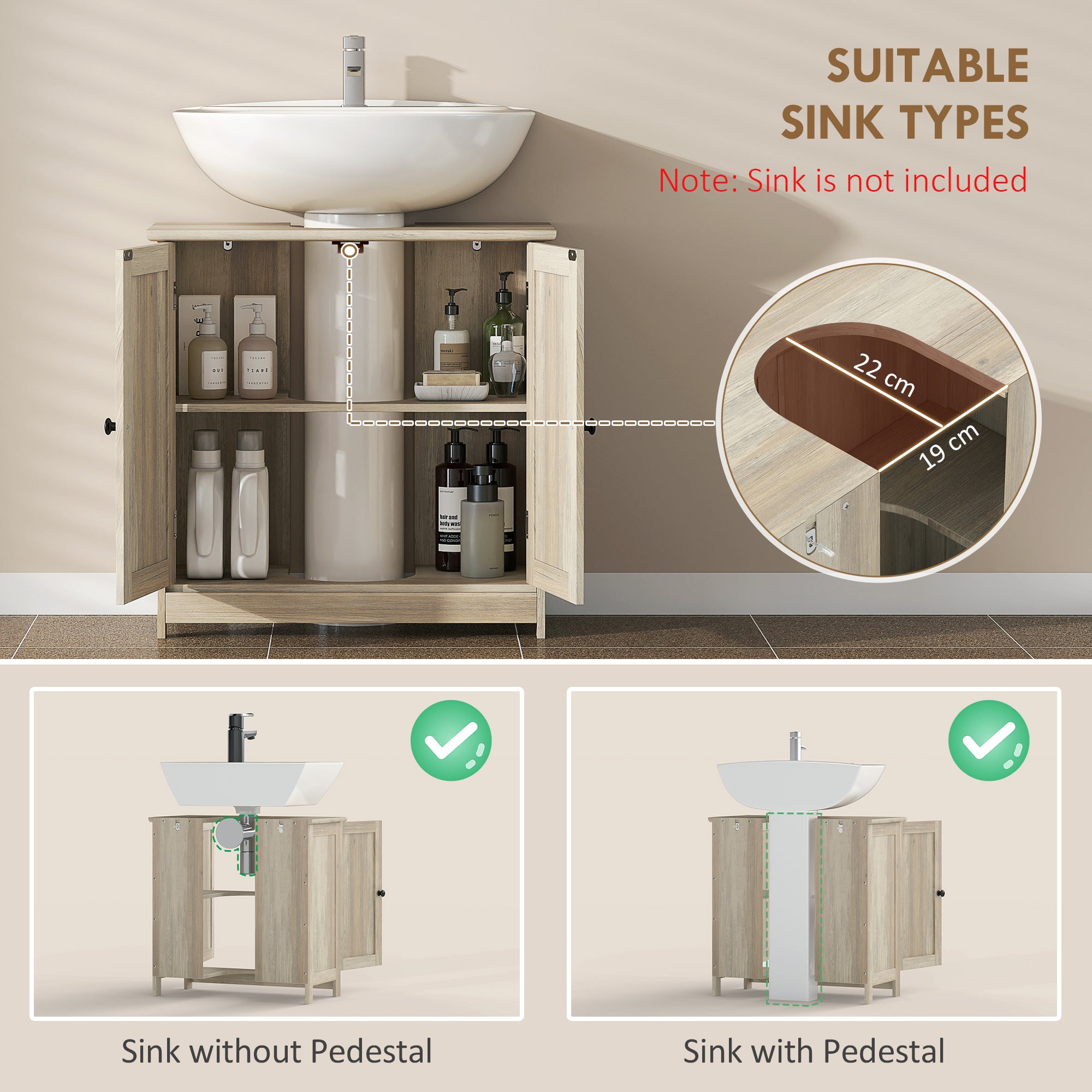 Bathroom Vanity Cabinet, Under Sink Bathroom Cabinet with 2 Doors and Adjustable Shelf, Weathered Gray Oak