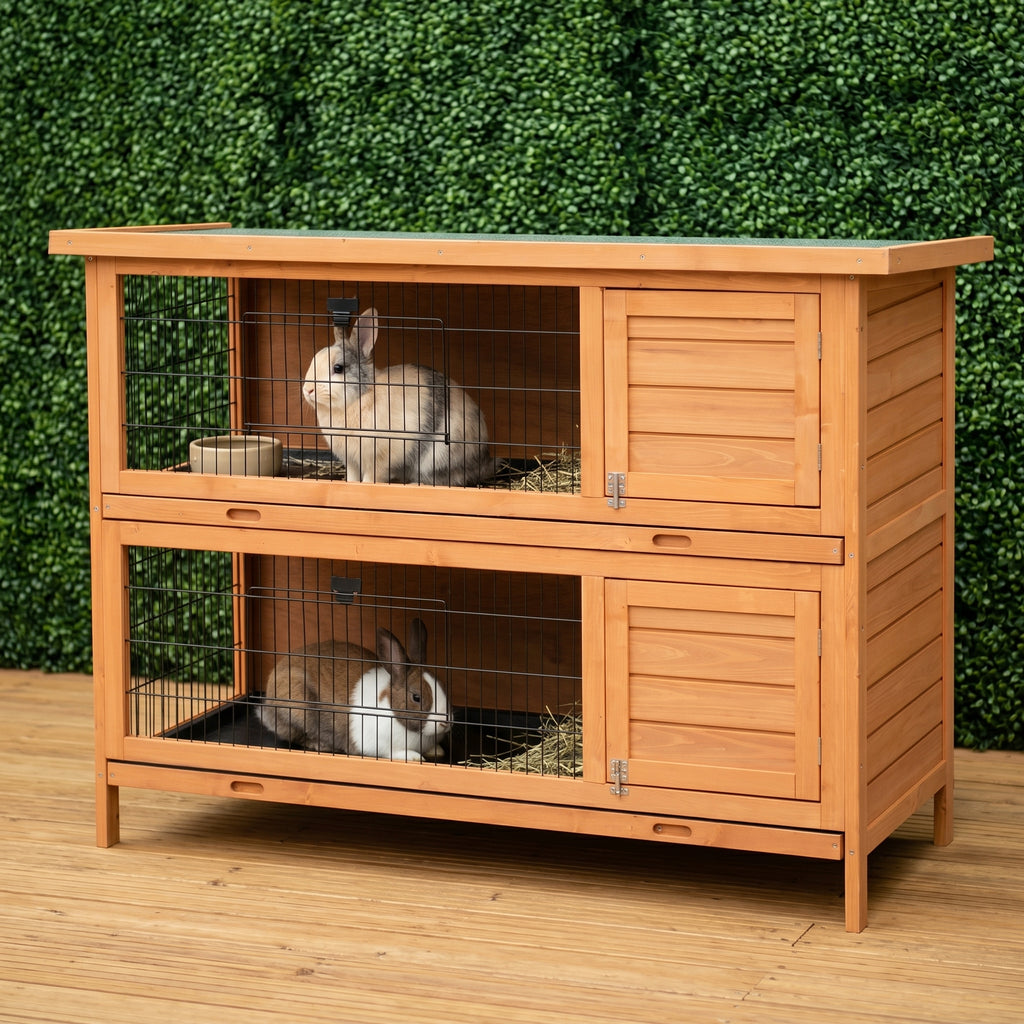 54" 2-Story Large Rabbit Hutch Bunny Cage Wooden Pet House Small Animal Habitat Lockable Doors, Tray, Roof, Orange