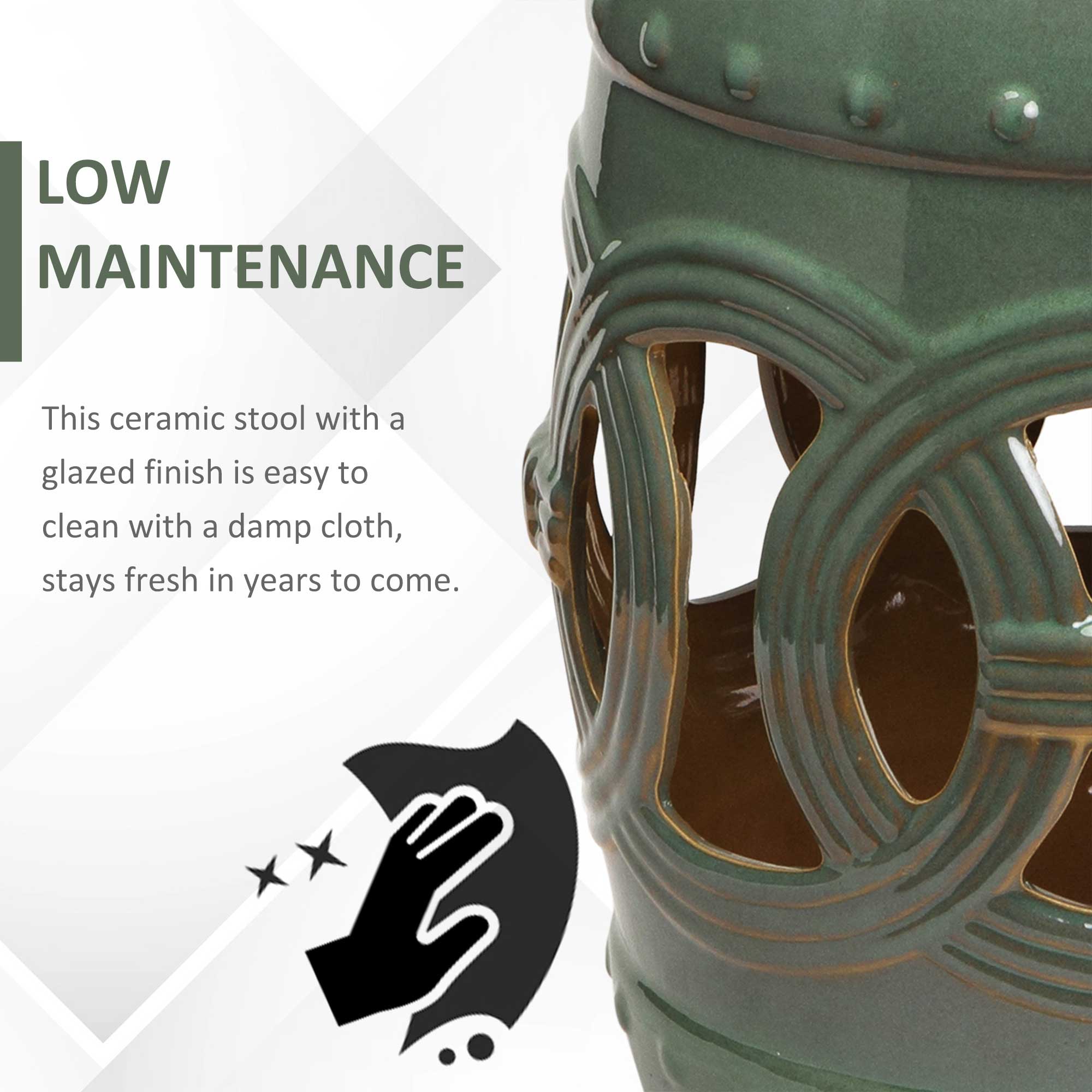 14" x 17" Ceramic Garden Stool with Double-Coin Knotted Ring Design, Glazed Decorative Outdoor Stool, Green