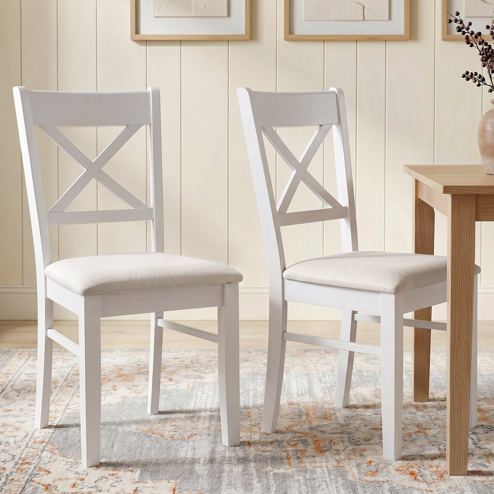 Dining Chairs Set of 2, Upholstered Kitchen Chairs with Rubberwood Frame, Padded Seat and X-Back, White