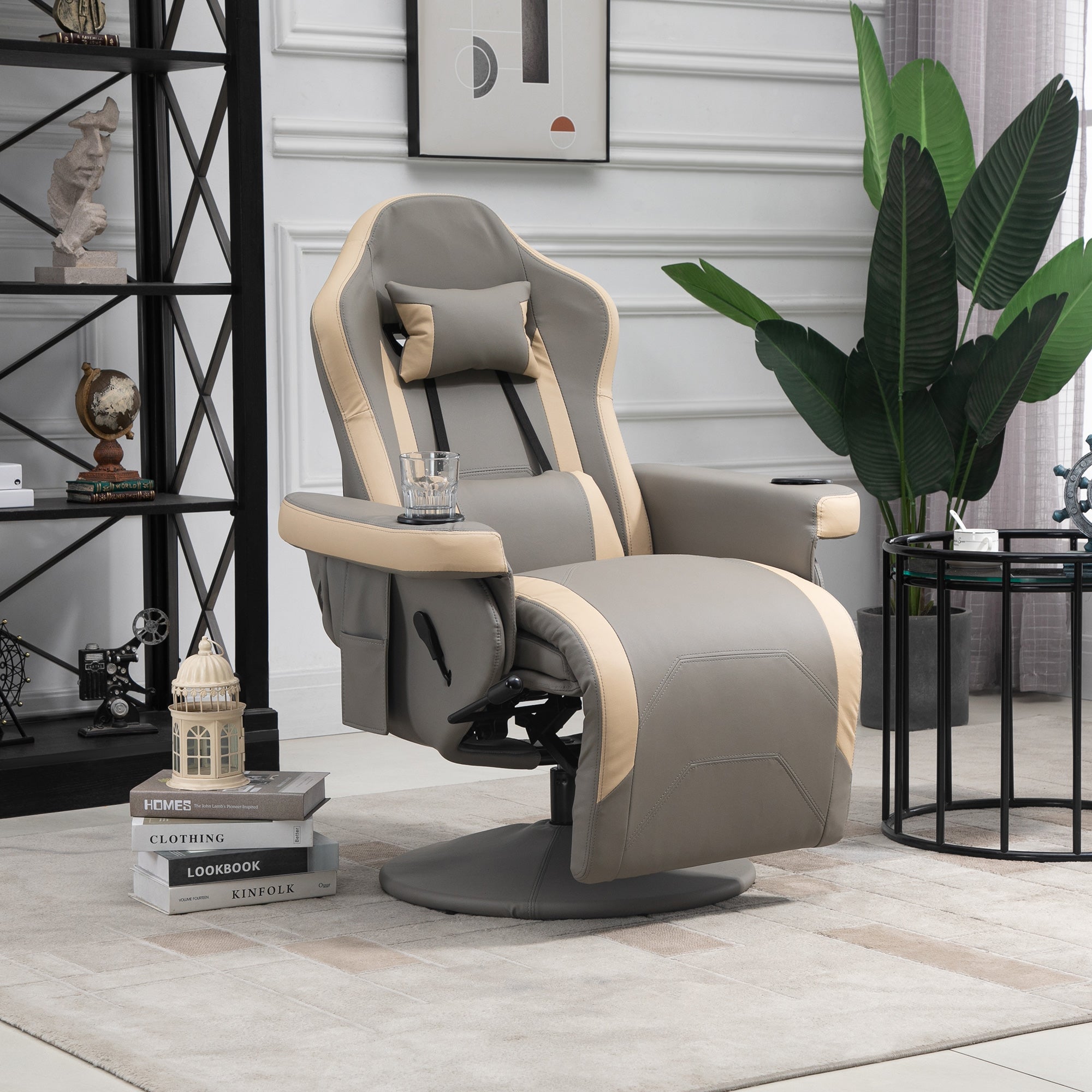 Manual Recliner Armchair PU Leather Lounge Chair w/ Adjustable Leg Rest, 135° Reclining Function, 360° Swivel, Cup Holder and, Storage Pocket