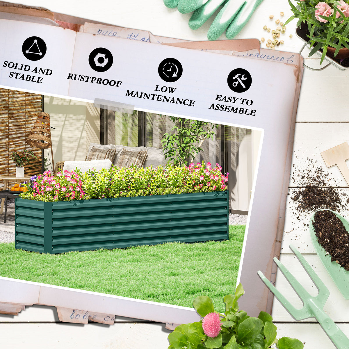 8x2x2ft Galvanized Raised Garden Bed Kit with Safety Edging for Flowers, Herbs and Vegetables, Green