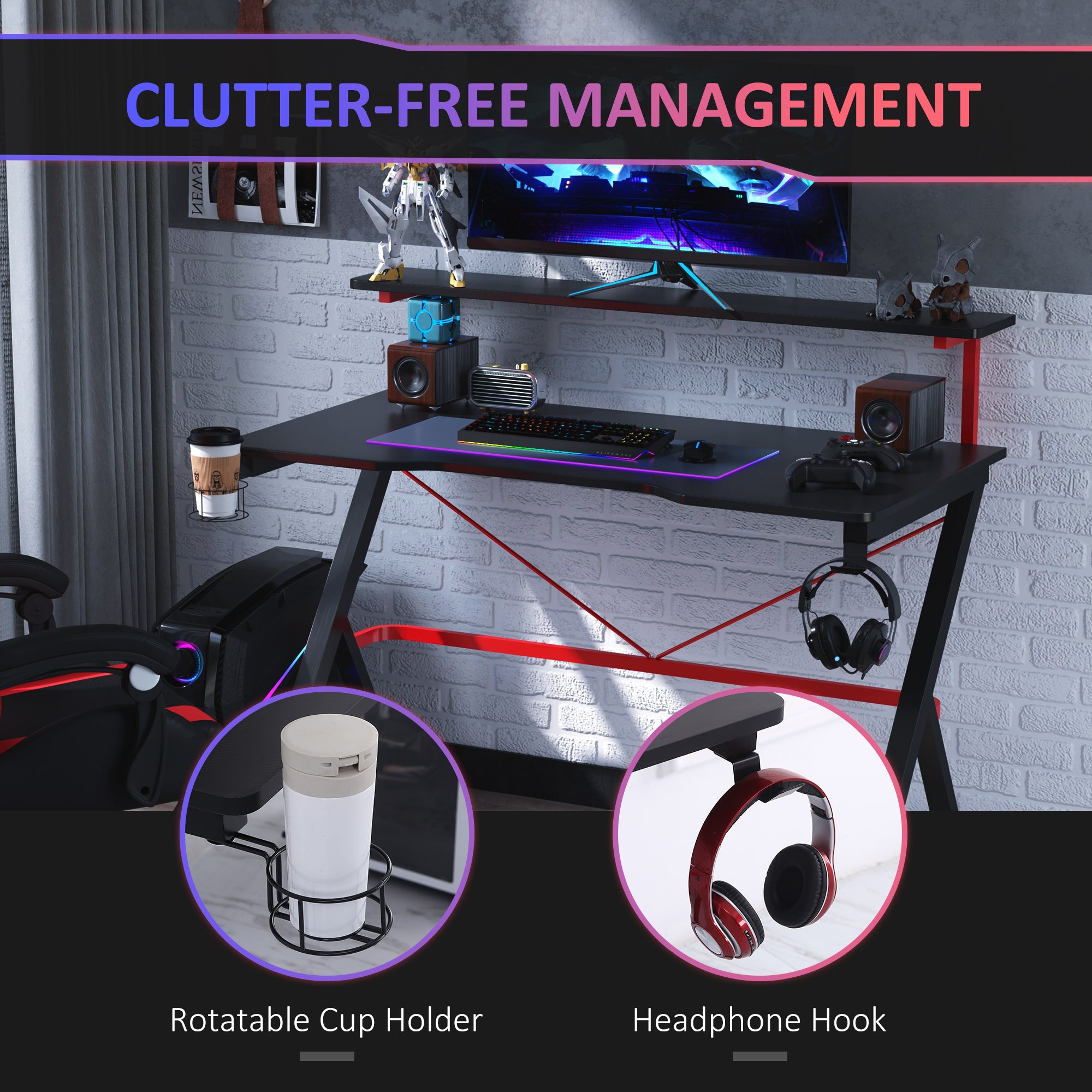 47 Inch Gaming Desk Racing Computer Desk Home Office Workstation with Elevated Monitor Shelf Rotatable Cup Holder Headphone Hook, Black