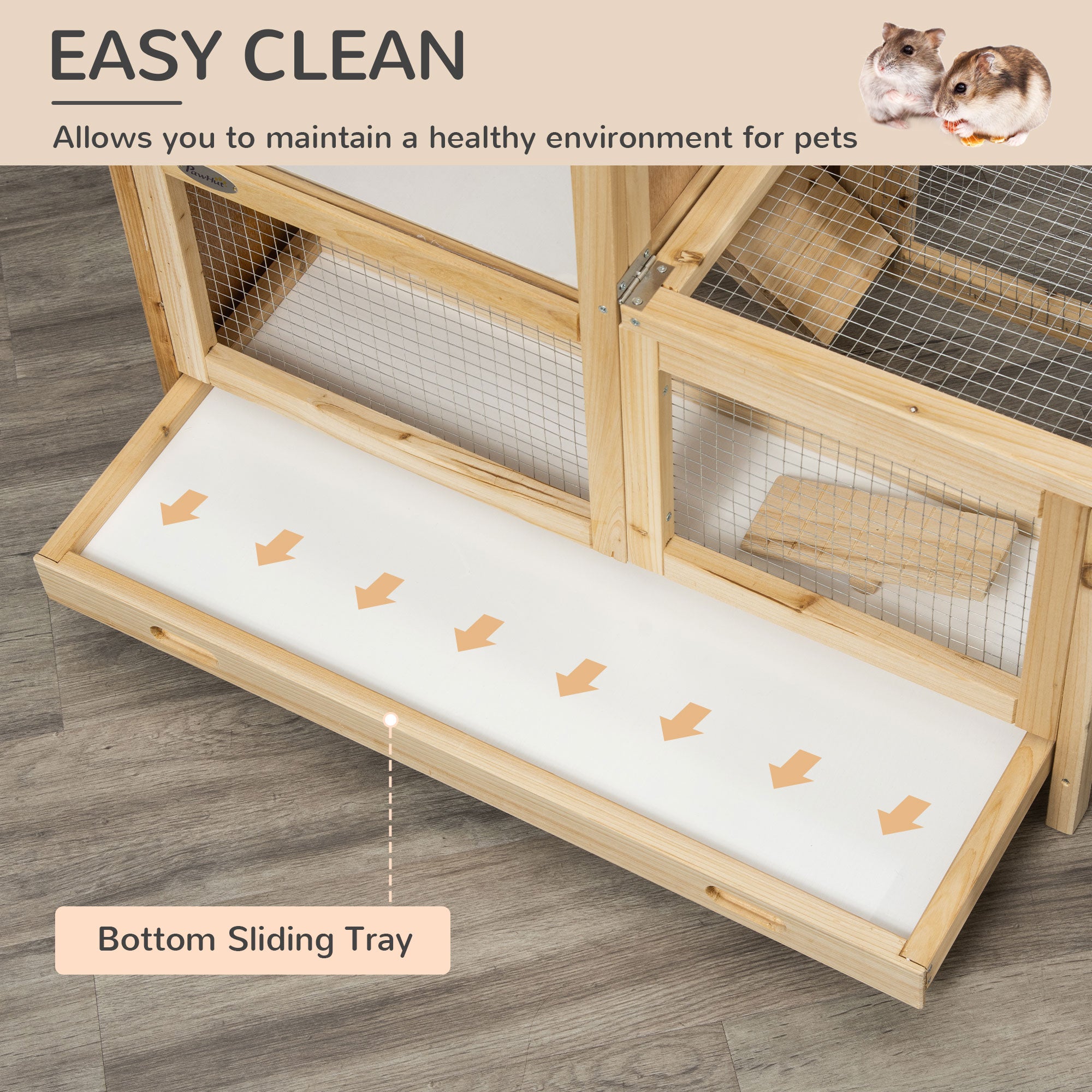 2-Tier Wooden Hamster Cage, Small Animals Hutch, w/ Seesaw, Tray